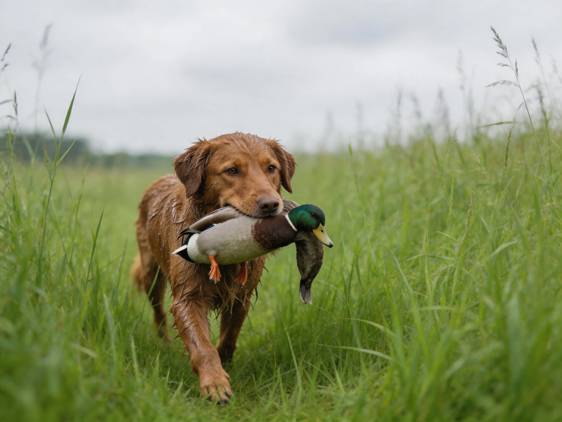 A wet brown retriever carries two ducks through lush green grass