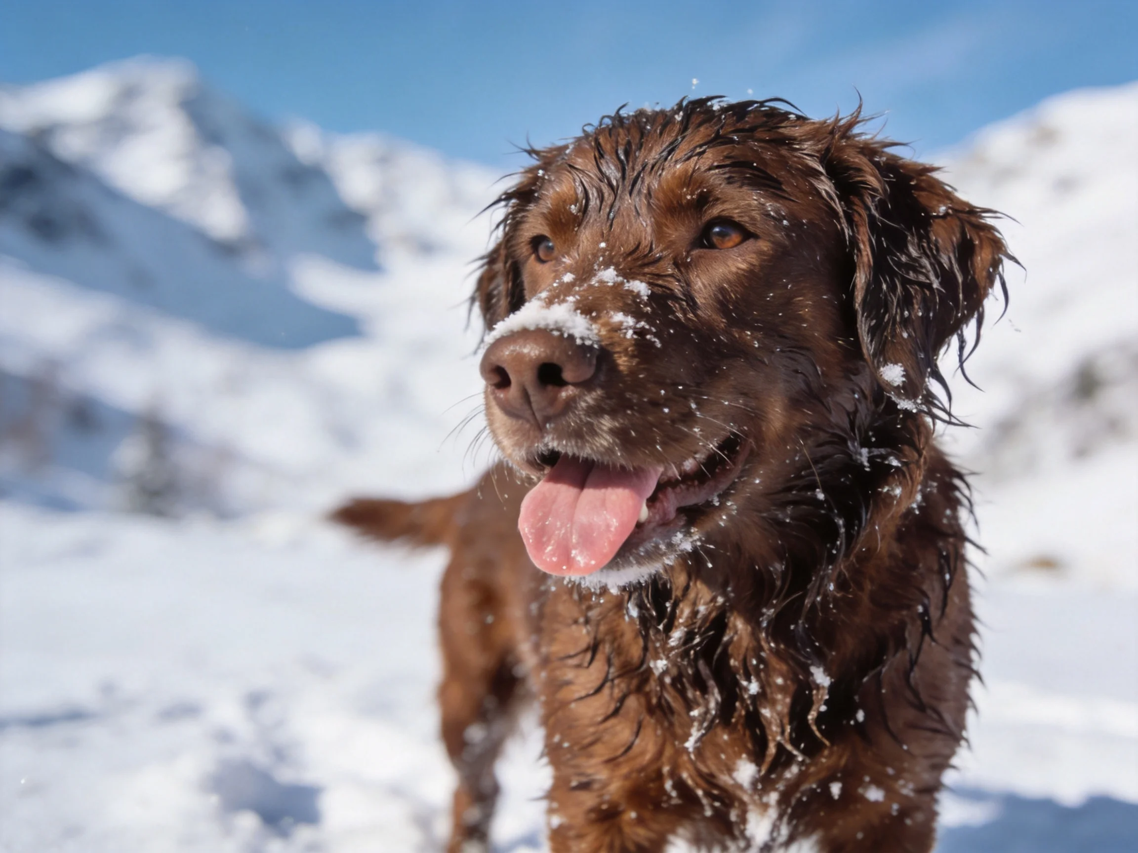 A wet brown retriever enjoys snowy mountain scenery