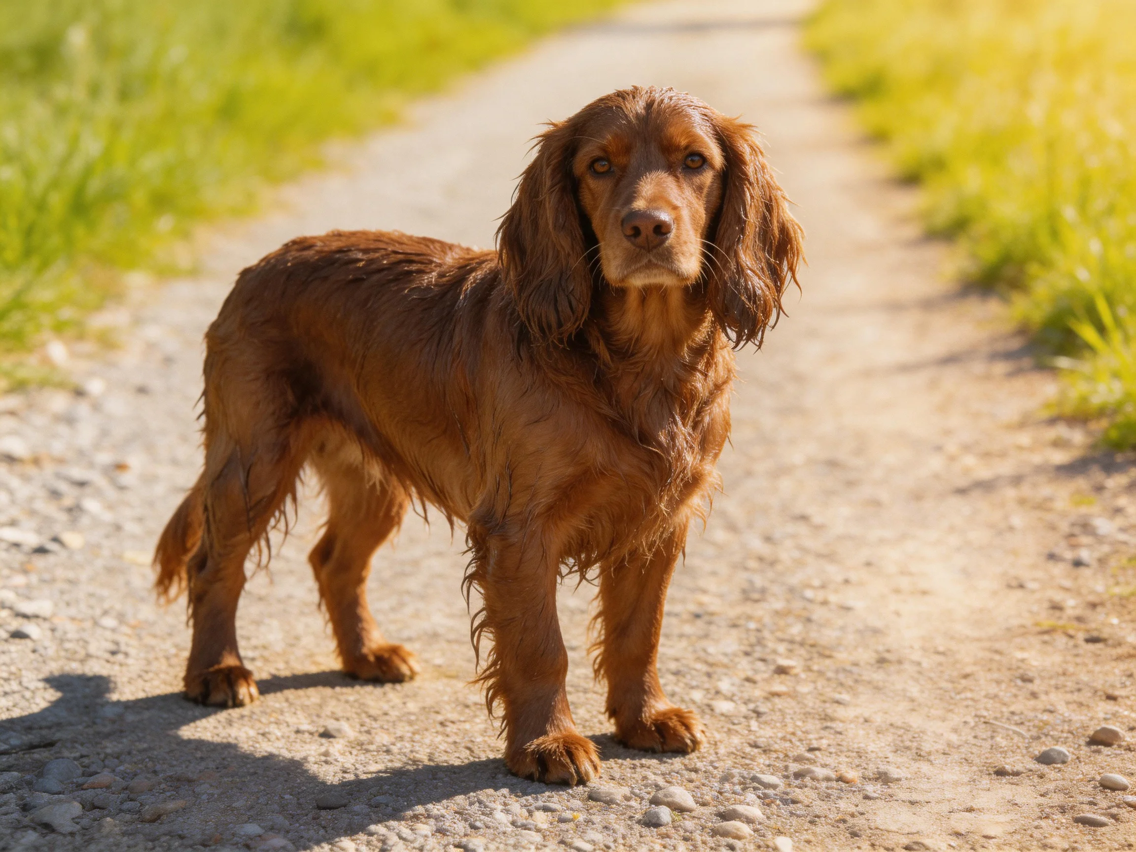 A wet brown spaniel stands on a sunlit gravel path
