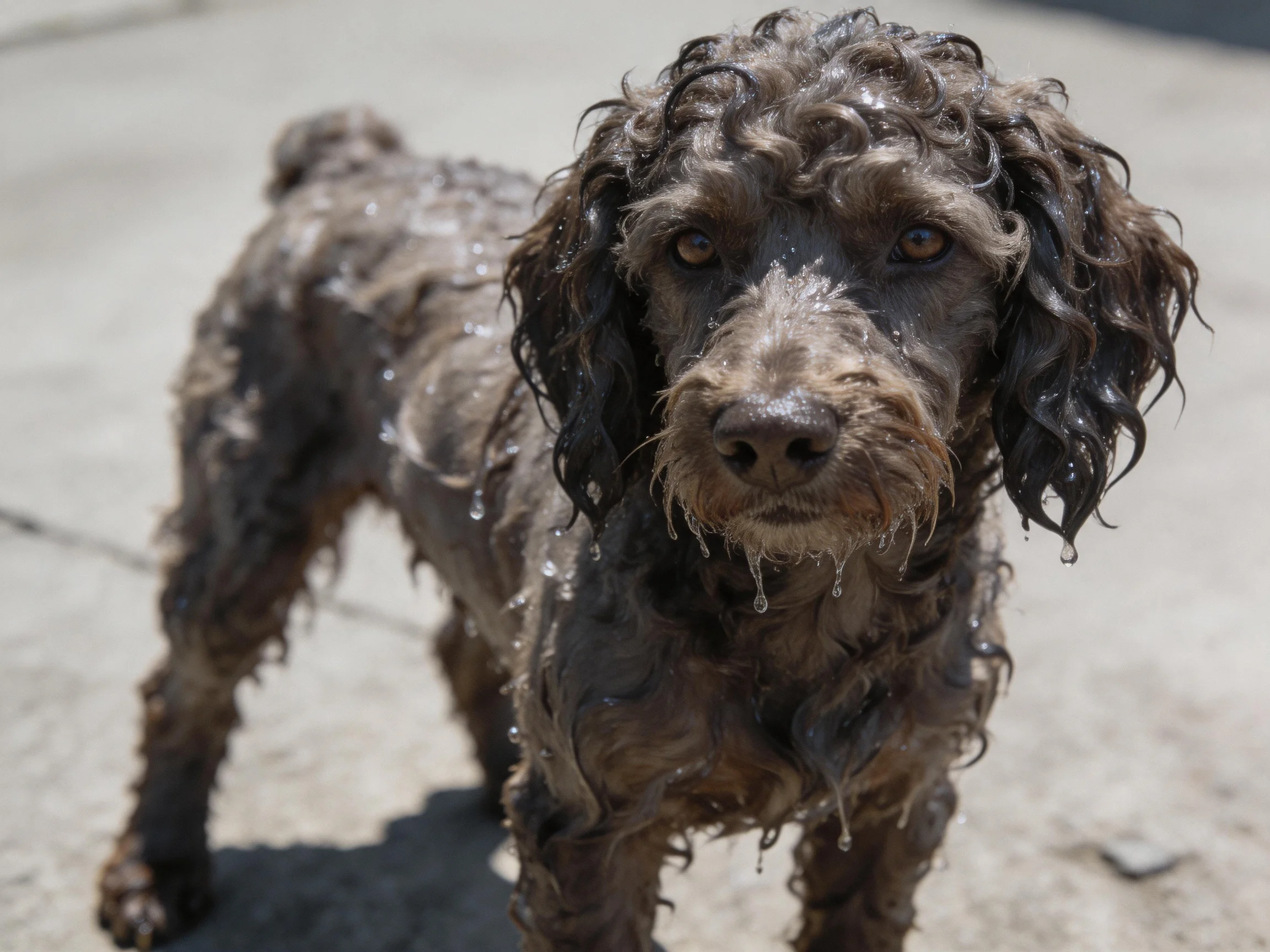 A wet, curly-haired brown dog standing on a concrete surface