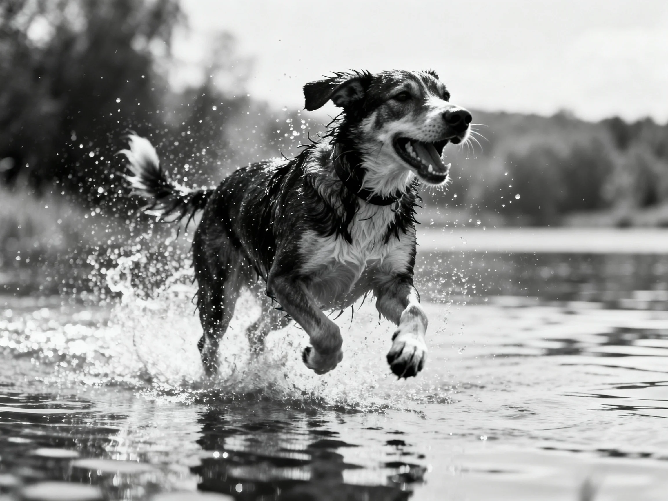 A wet dog splashing through shallow water near trees