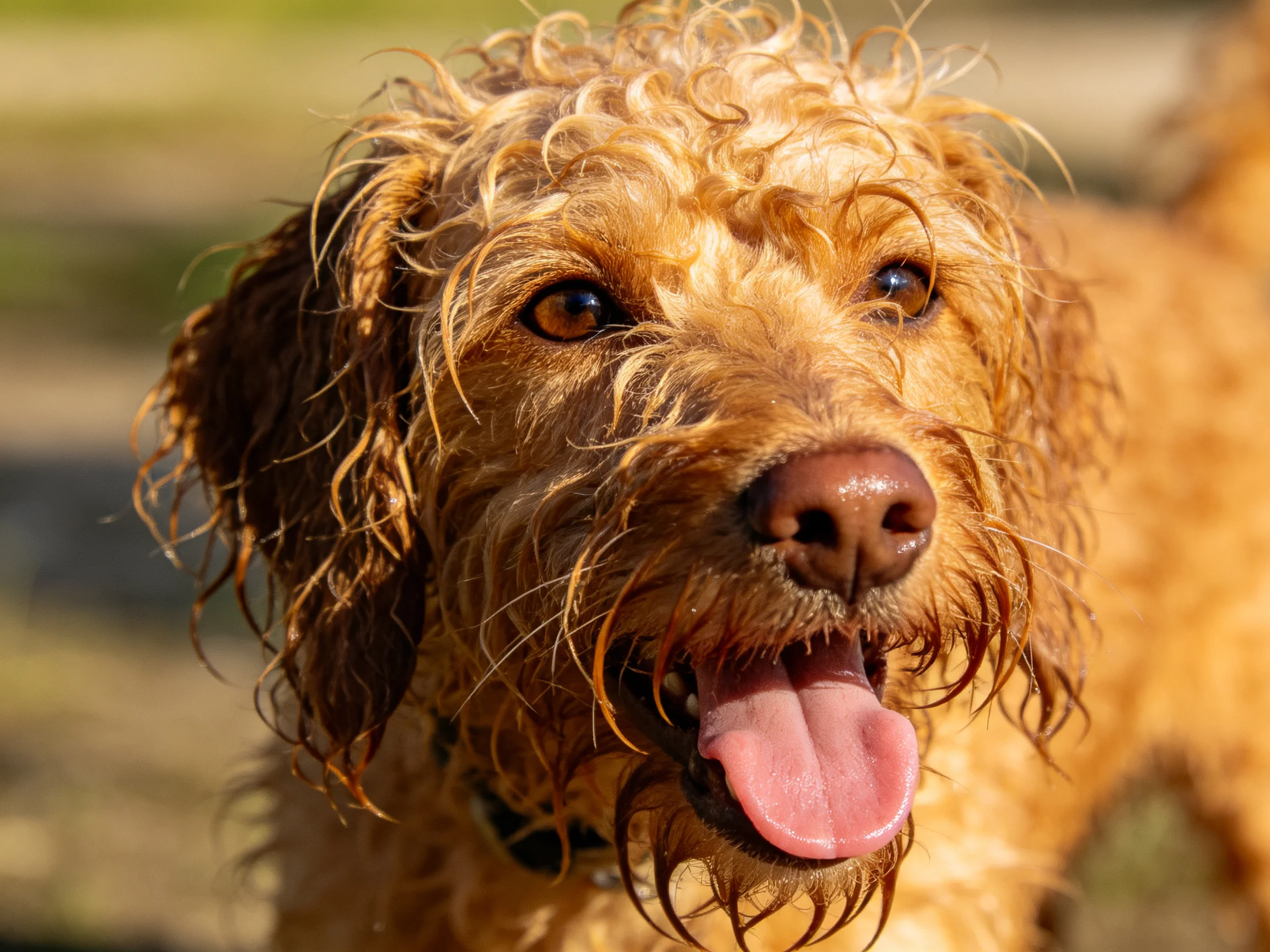 A wet, golden-brown curly-haired dog with bright eyes