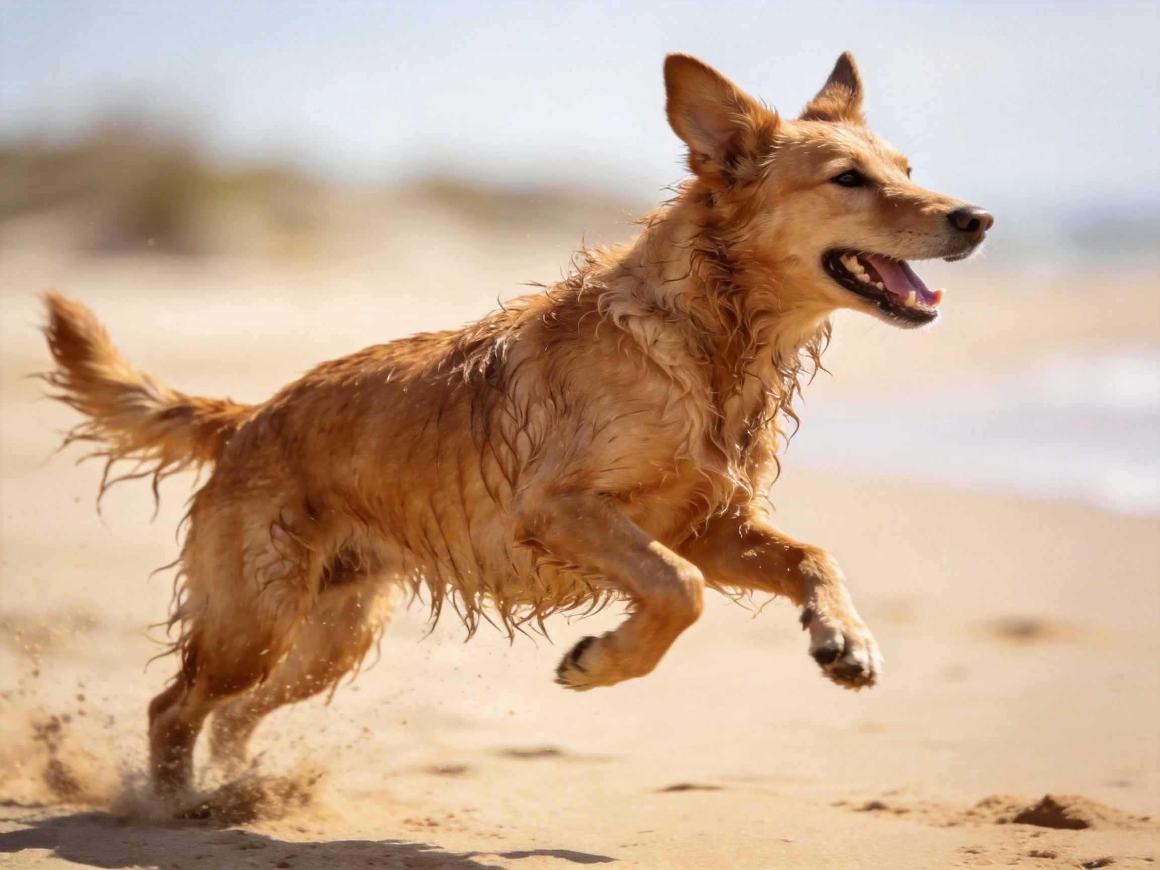 A wet golden retriever dashes across a sandy beach.