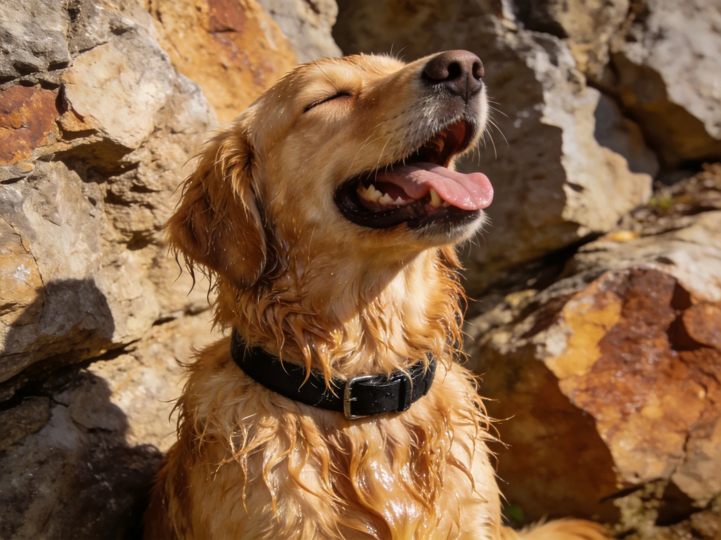 A wet golden retriever rests beside rugged stone formations