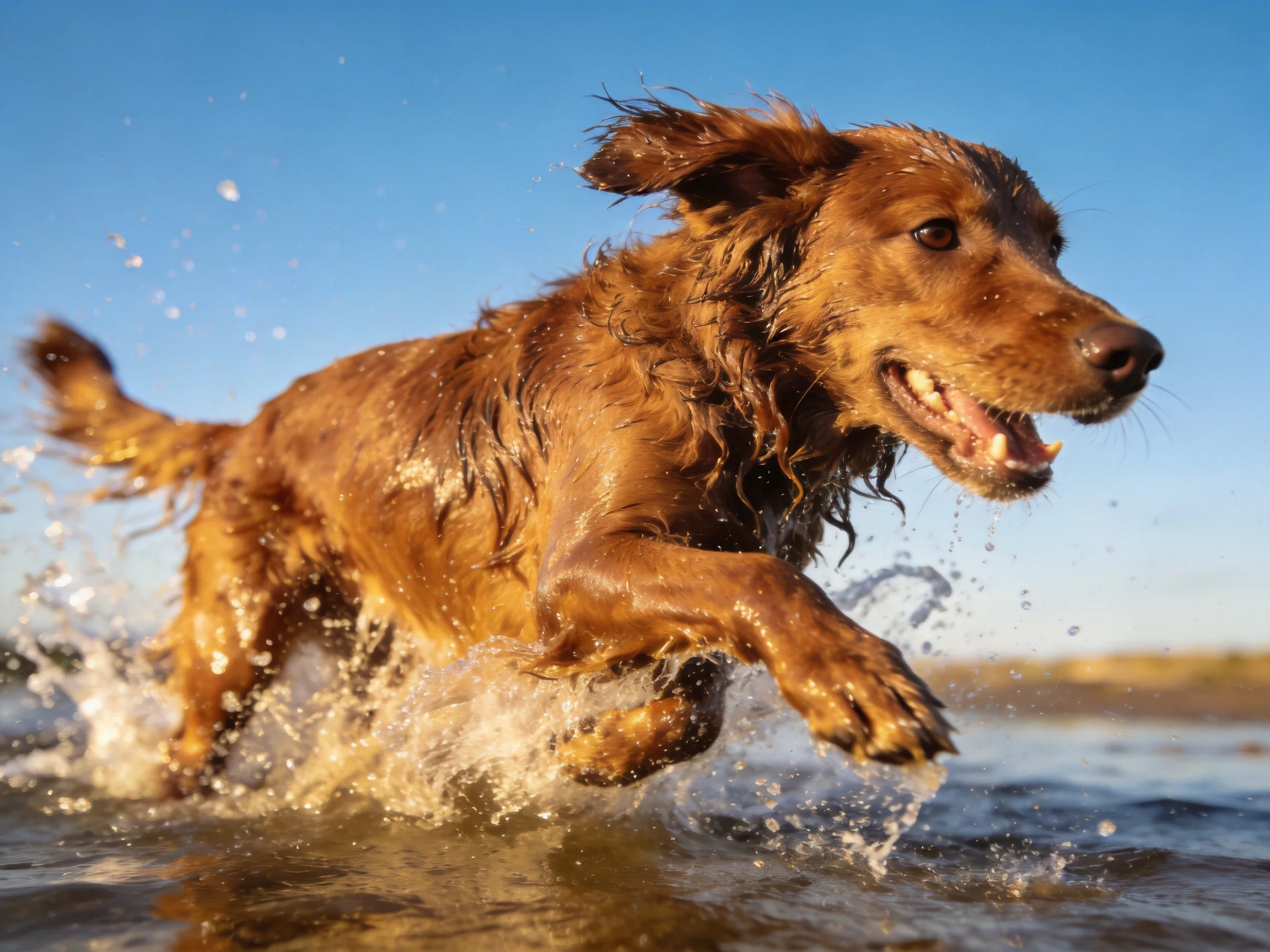 A wet golden retriever splashing in shallow water against a clear blue sky