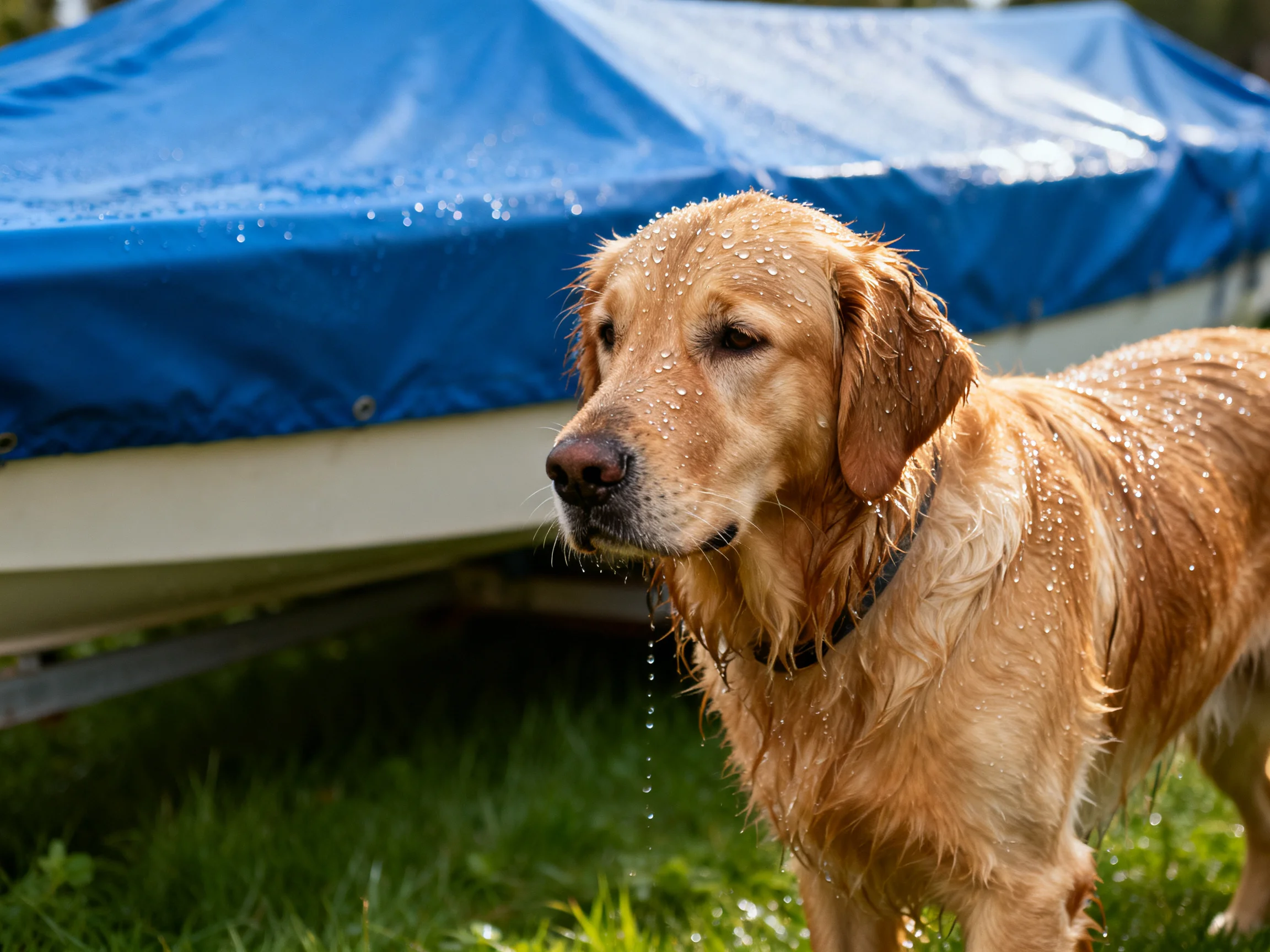 A wet golden retriever stands near a boat covered by a blue tarp.