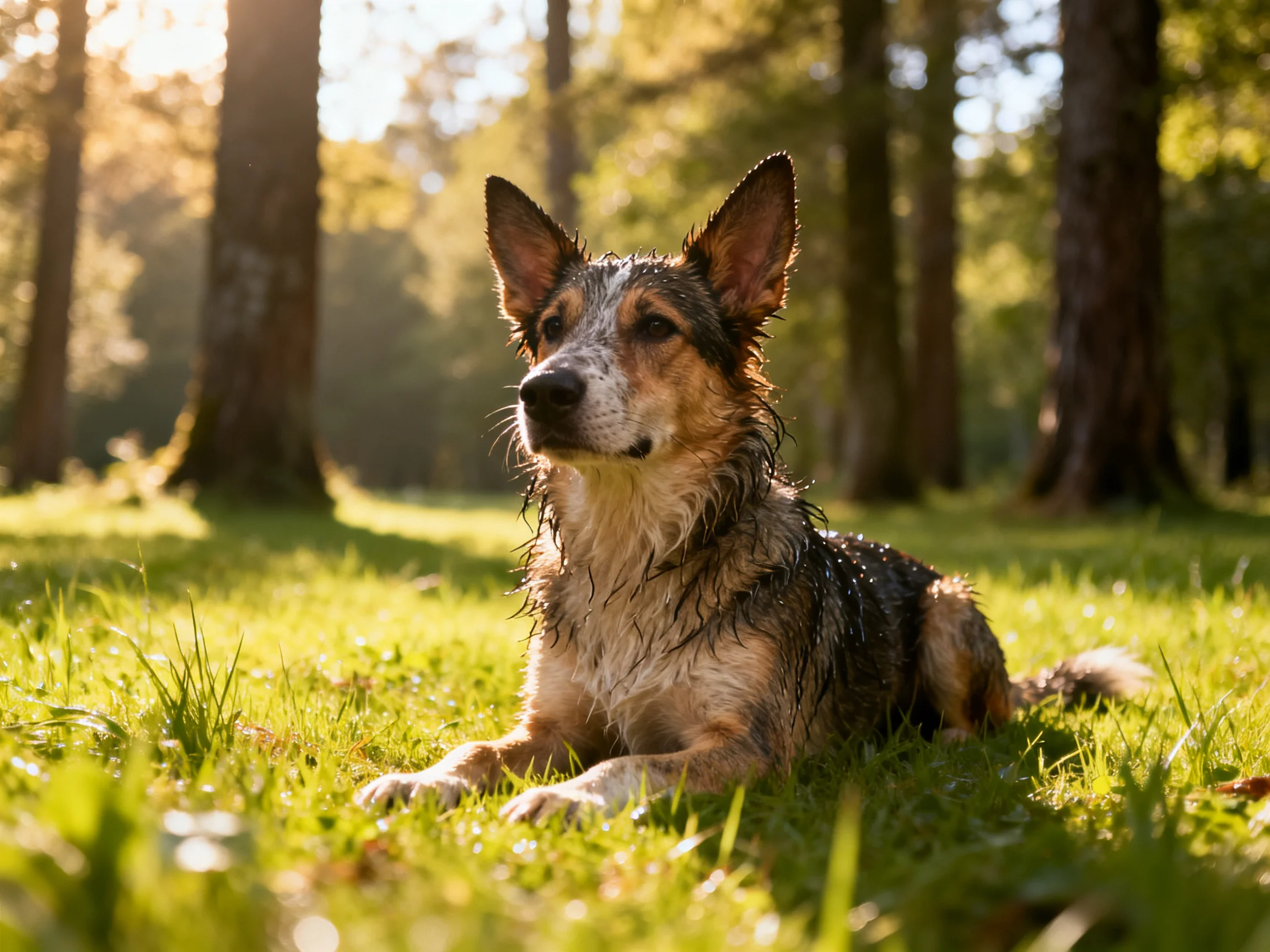 A wet dog relaxes on grass in a sunlit forest setting.