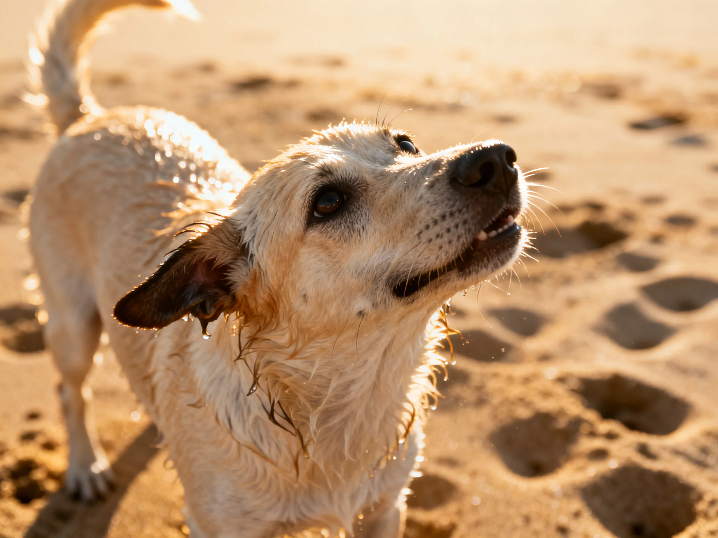 A wet tan dog exploring sunlit sandy terrain