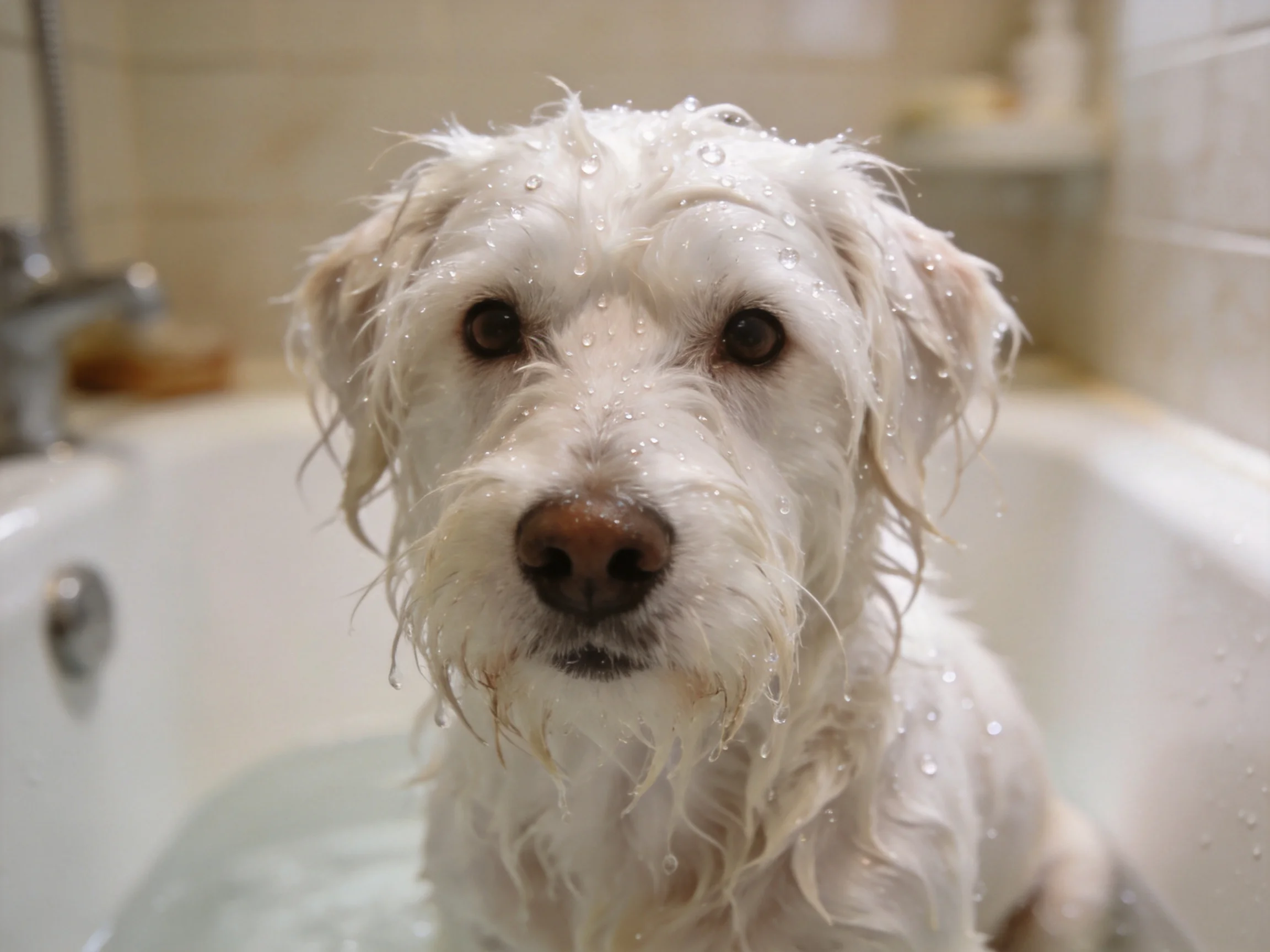 A wet white dog bathing in a tiled bathroom tub