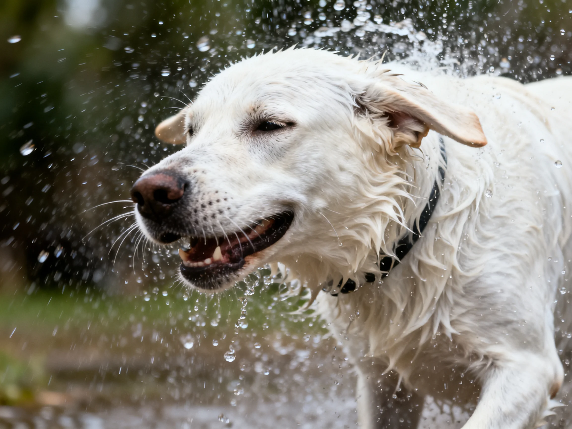 A wet white dog plays in splashing water outdoors
