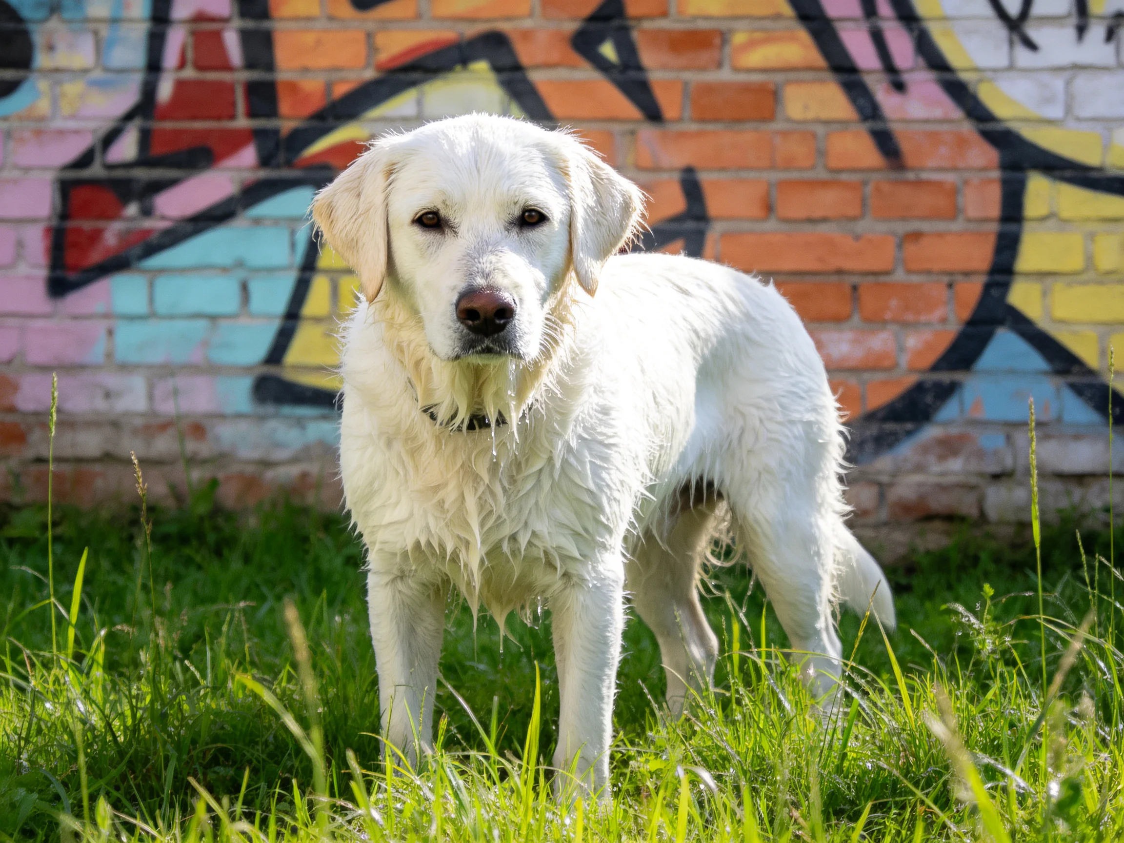 A wet white dog stands in tall green grass near a colorful graffiti brick wall