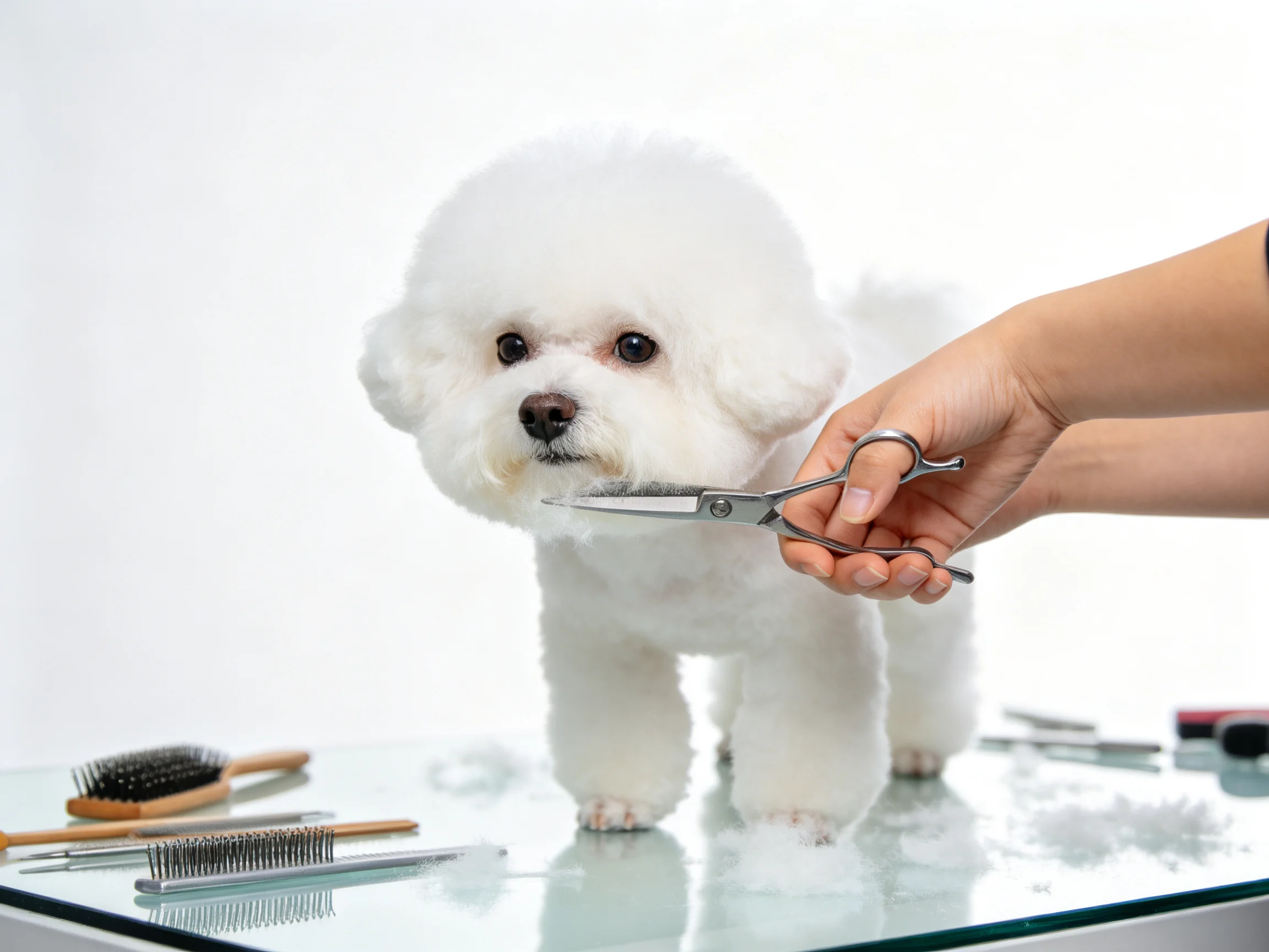 A white Bichon Frise being groomed with silver scissors on a glass table