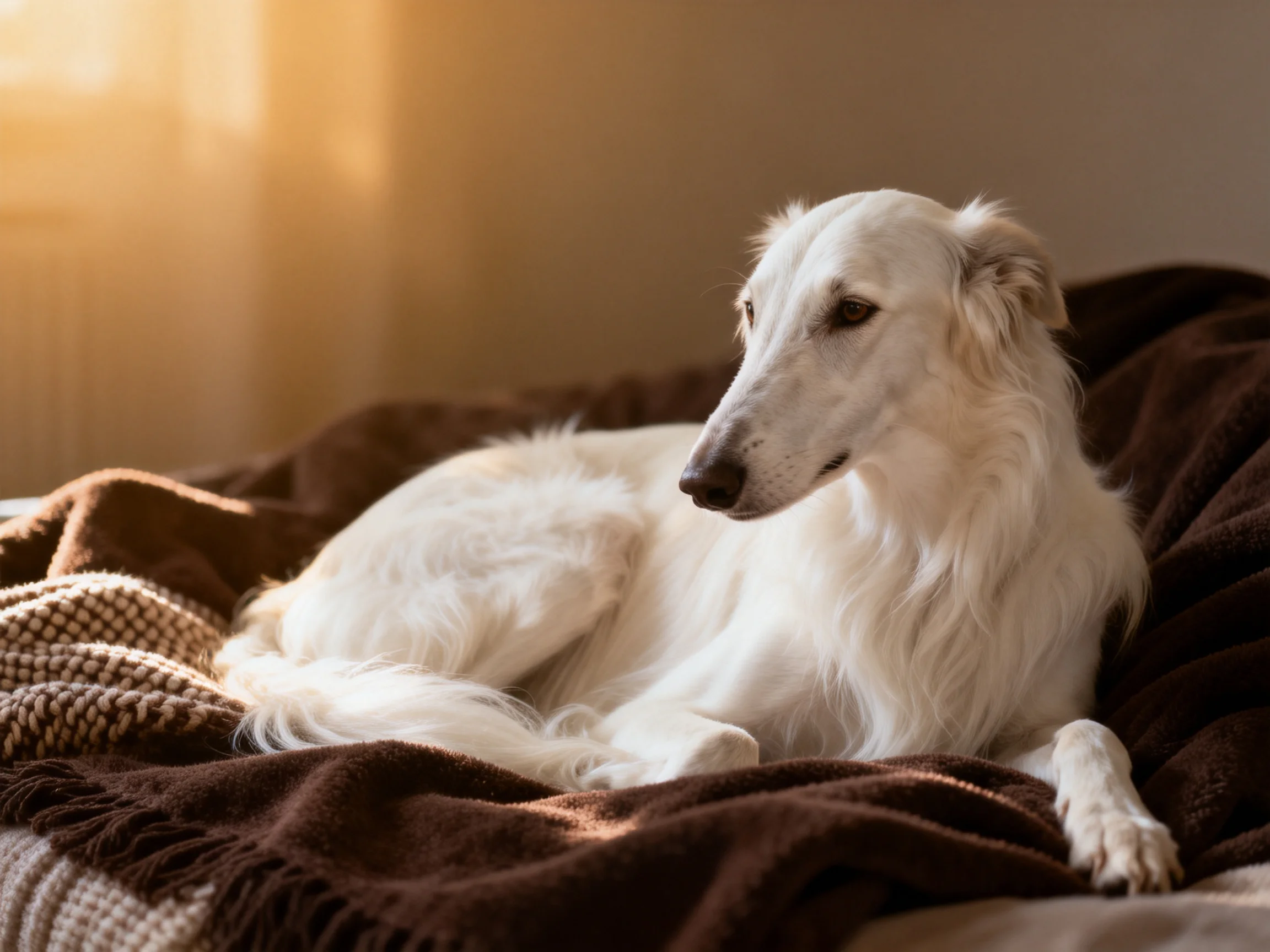 A white Borzoi rests on dark brown and beige blankets in warm sunlight