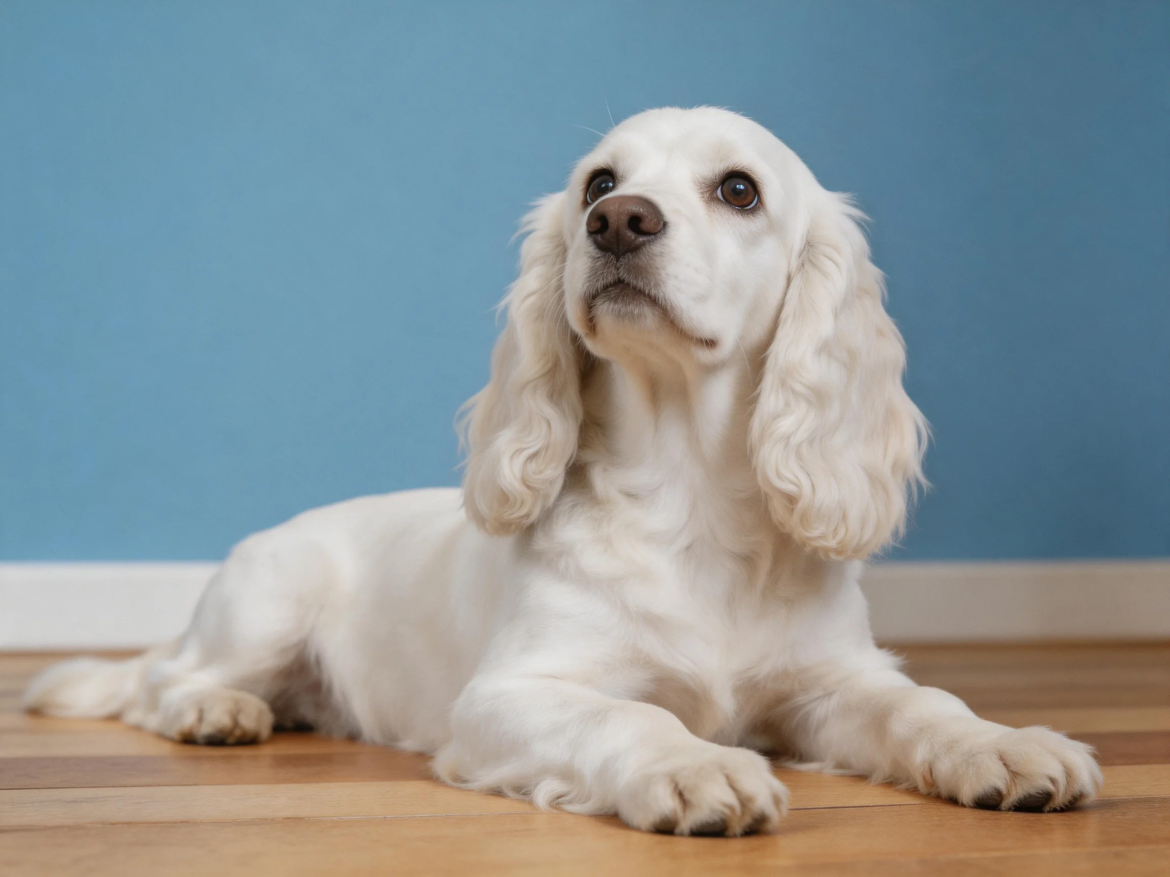 A white Cocker Spaniel lies calmly on a wooden floor beside a blue wall.
