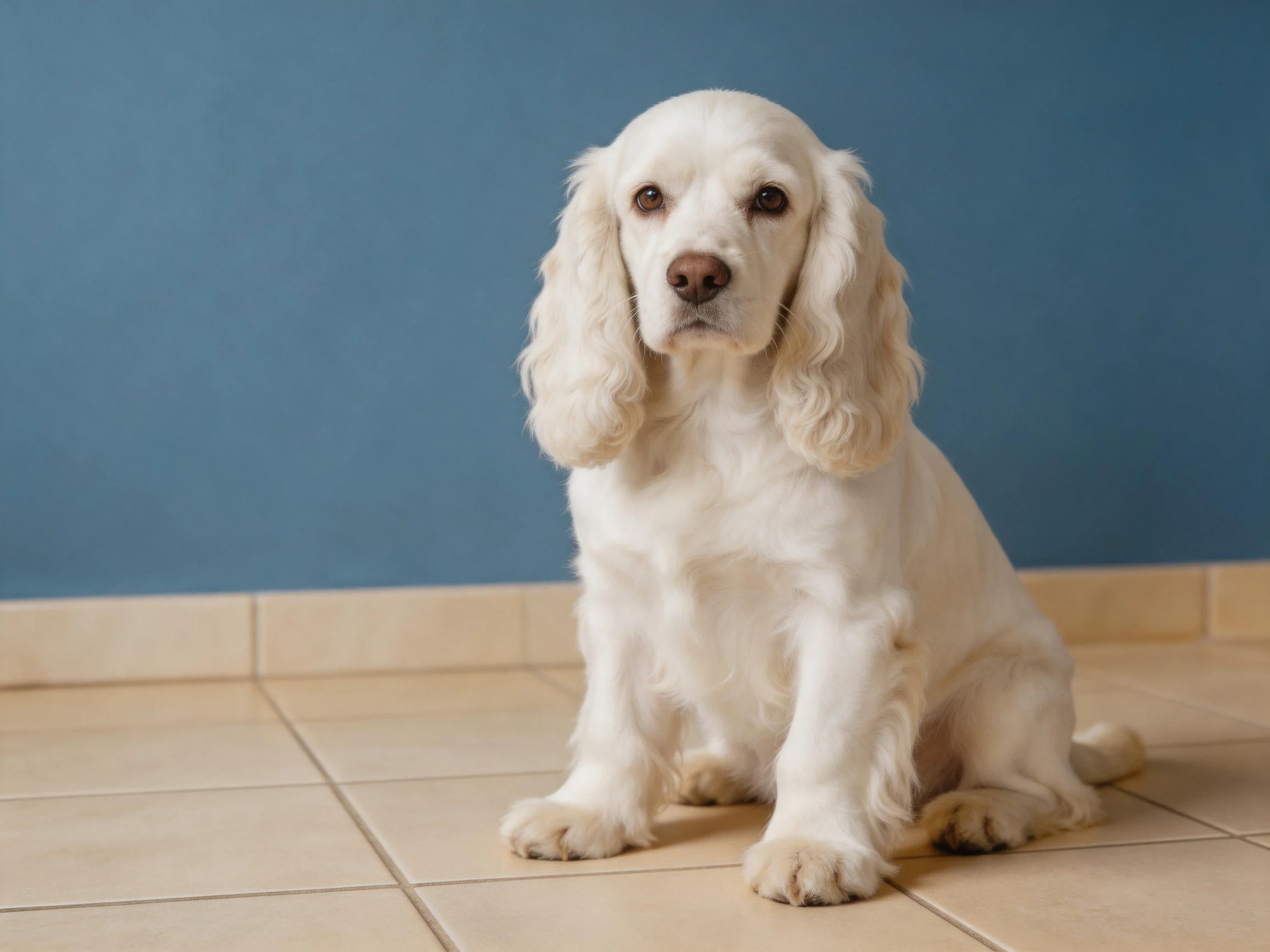 A white Cocker Spaniel sitting on beige tiles next to a blue wall