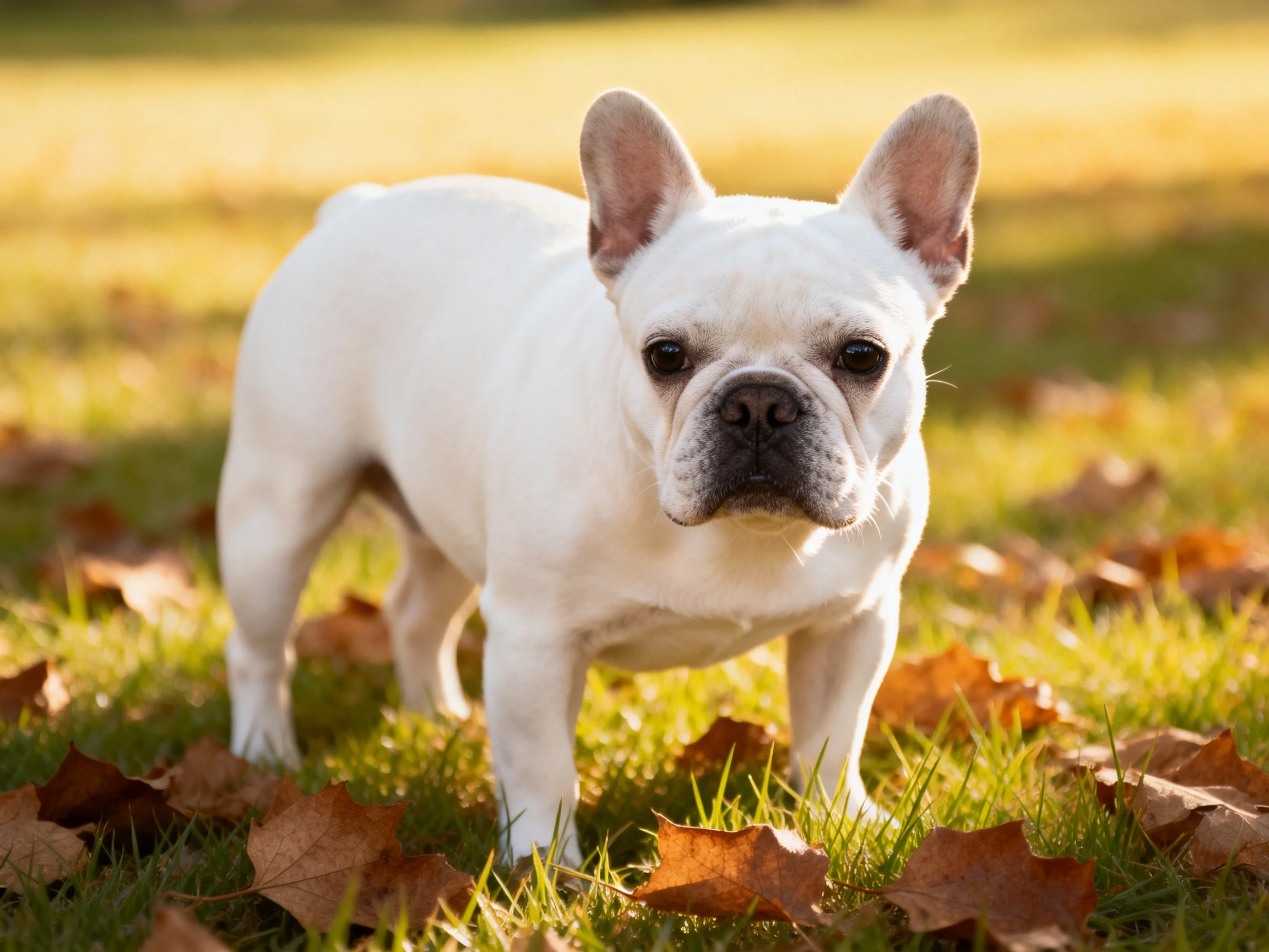A white French Bulldog among scattered autumn leaves on grass