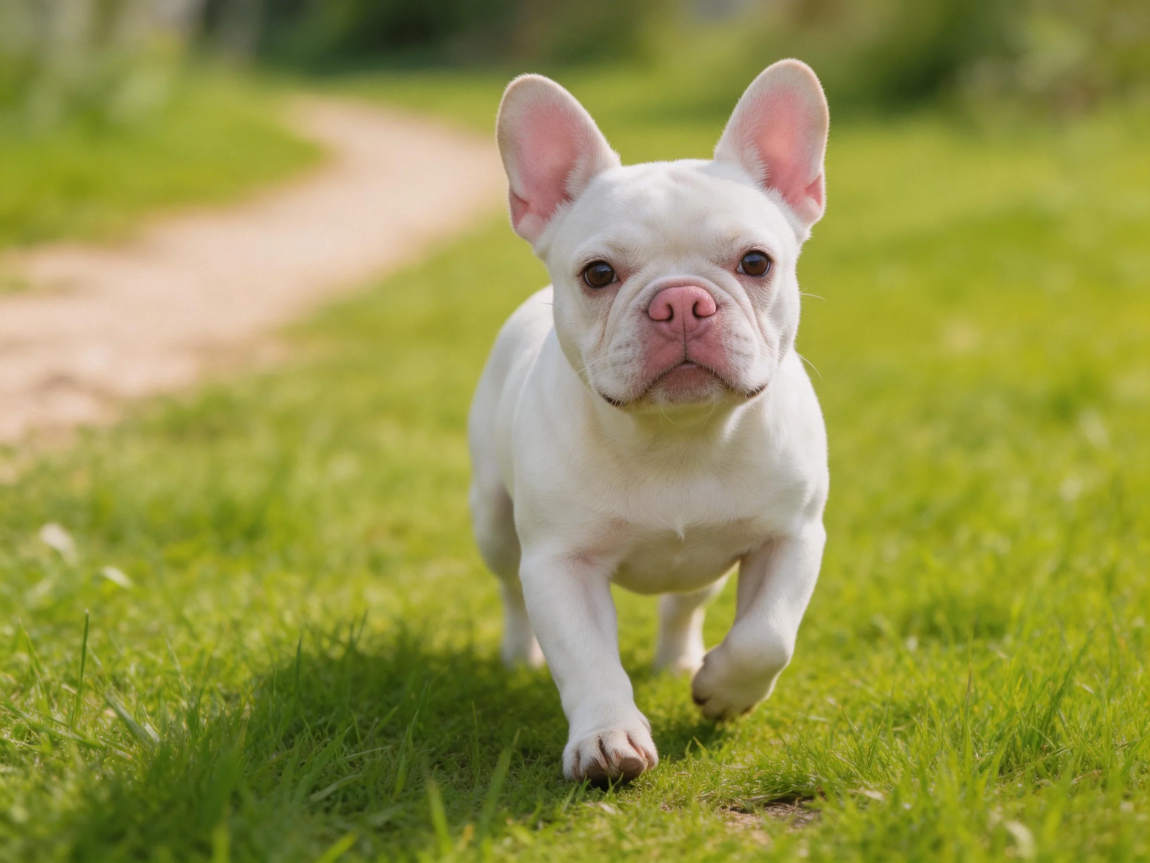 A white French Bulldog puppy running on a sunlit grassy path
