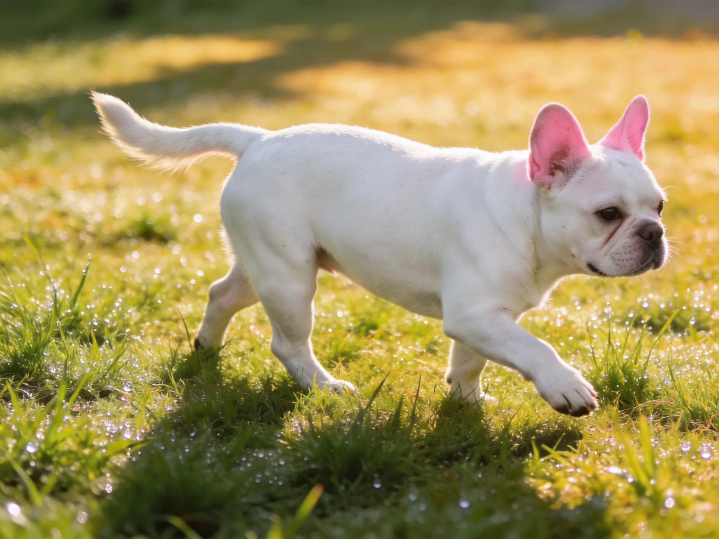 A white French bulldog puppy trotting on dewy green grass under golden sunlight