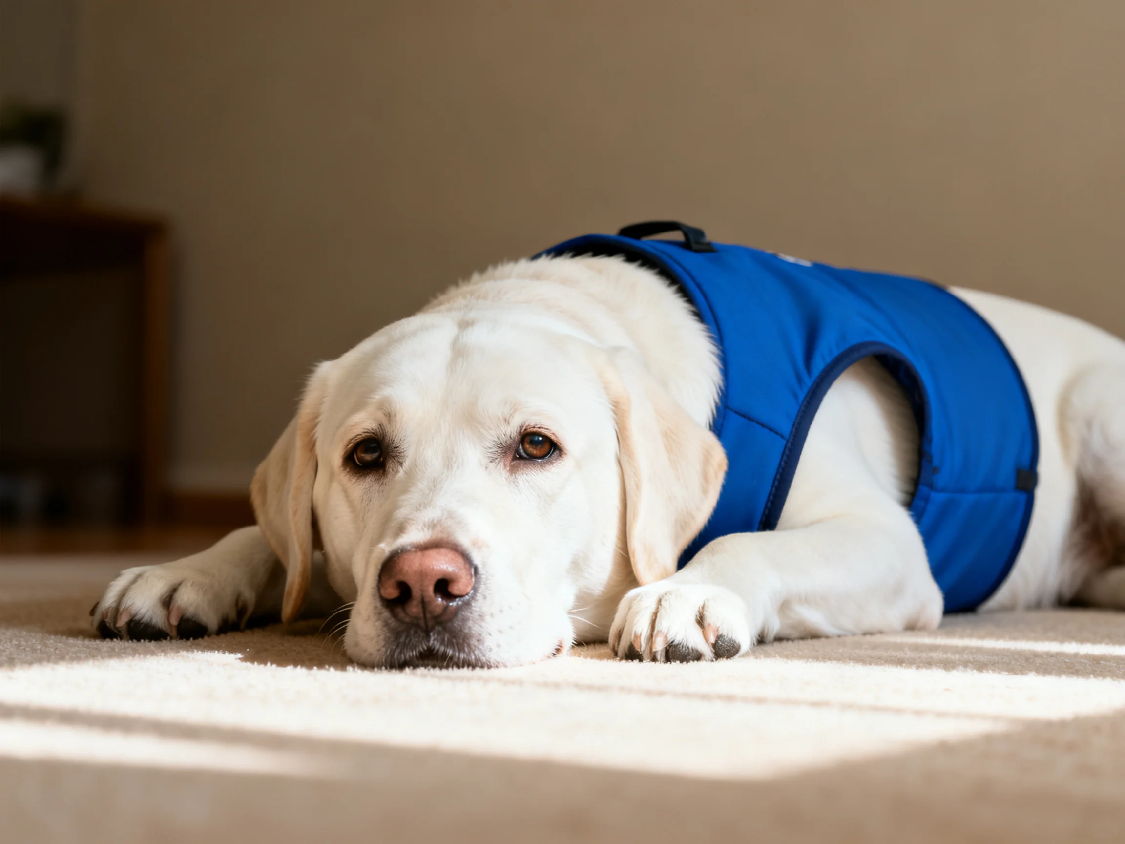 A white Labrador Retriever in a blue recovery vest lies on a carpeted floor