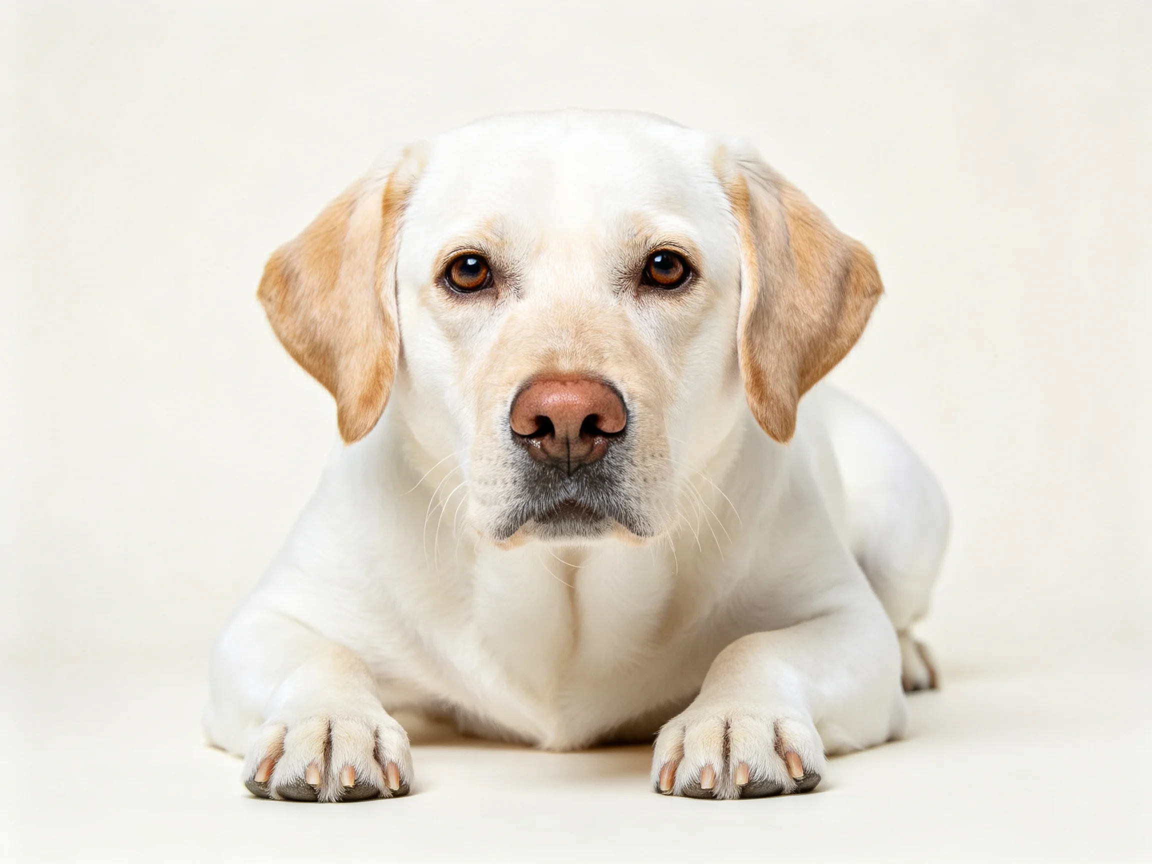 A white Labrador Retriever lies calmly with front paws extended against a plain background.