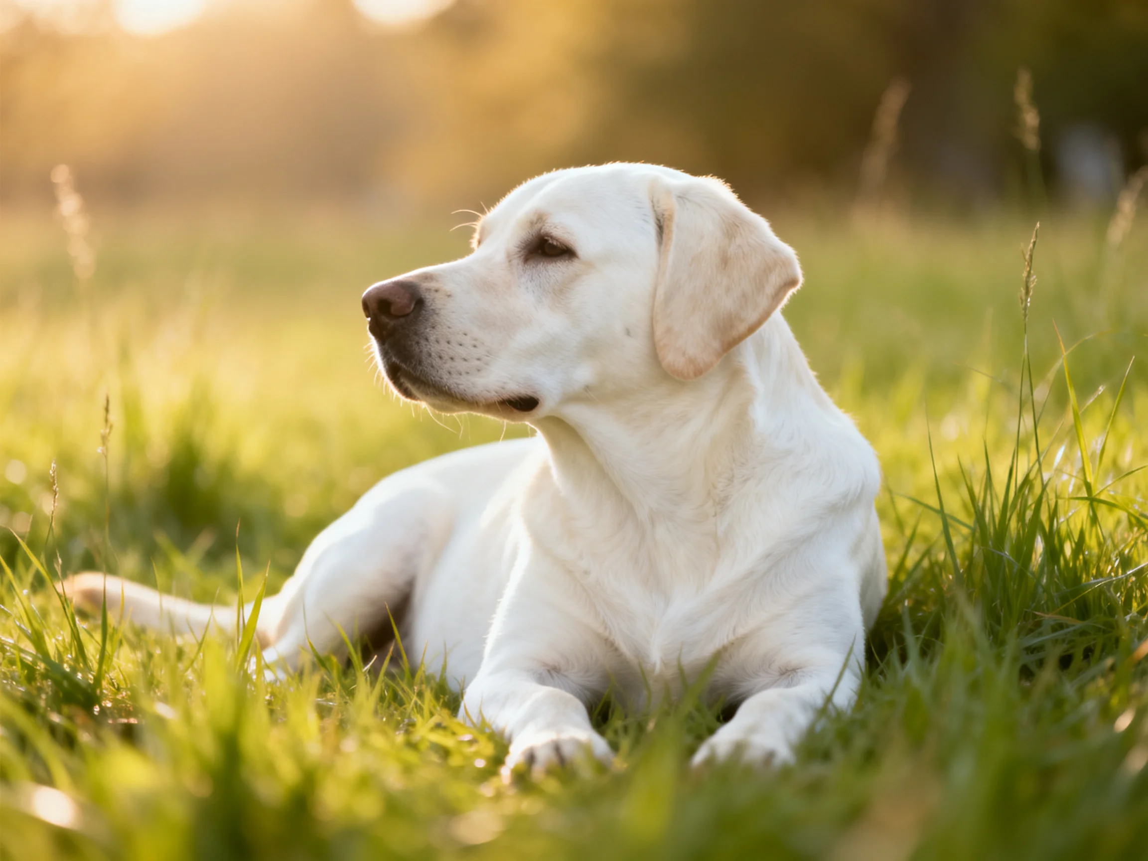 A white Labrador relaxes amid lush green grass under golden sunlight