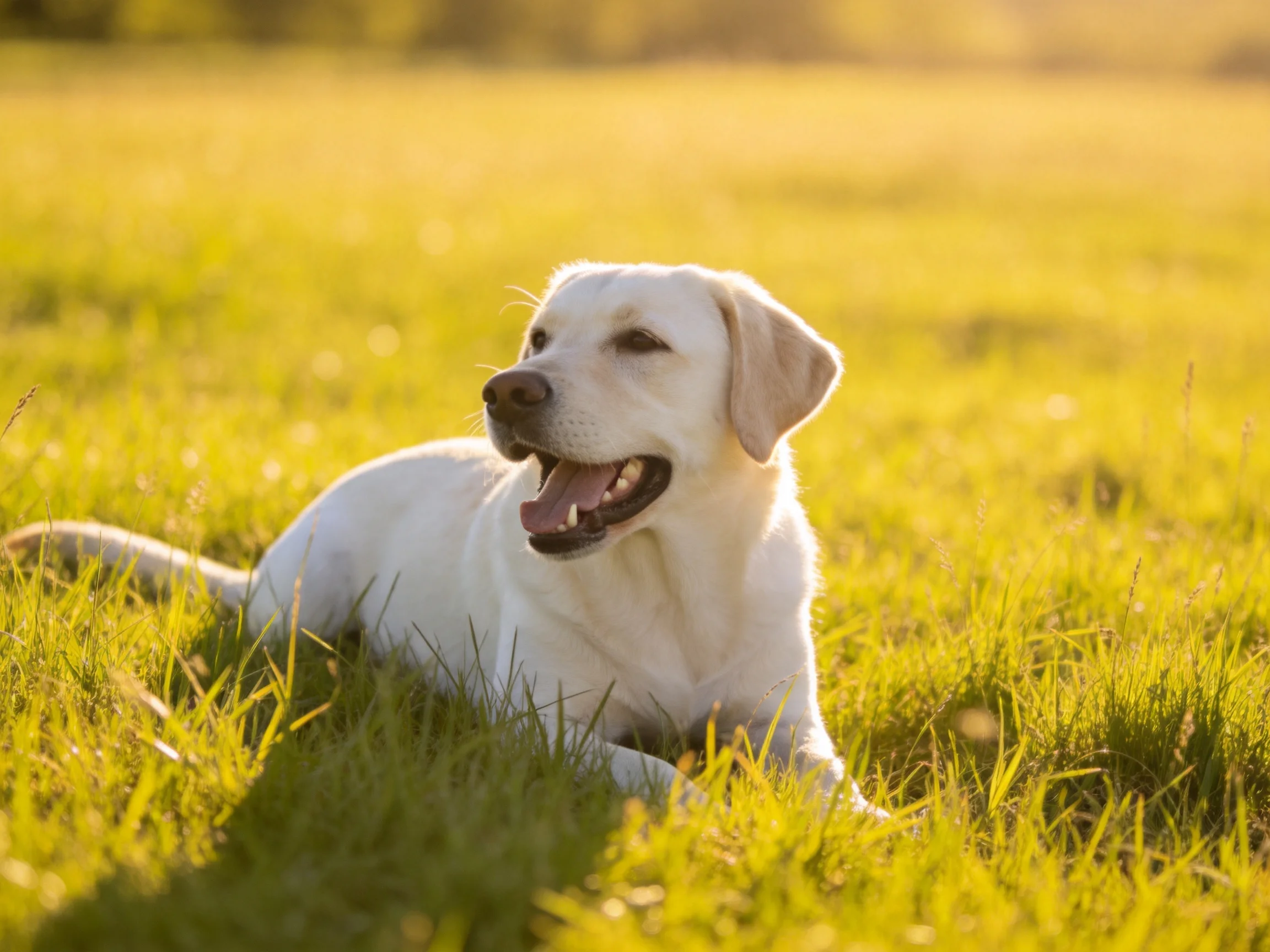 A white Labrador rests in a sun-drenched grassy meadow