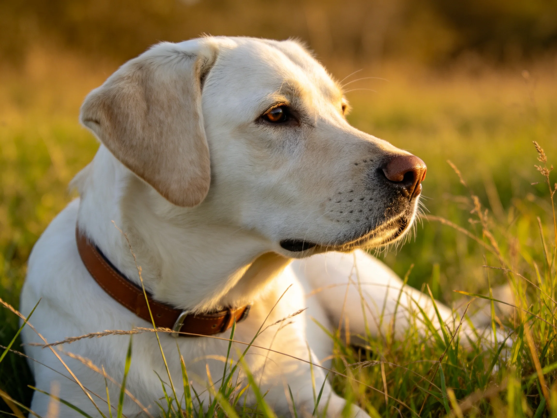 A white Labrador rests in sun-drenched grass during golden hour