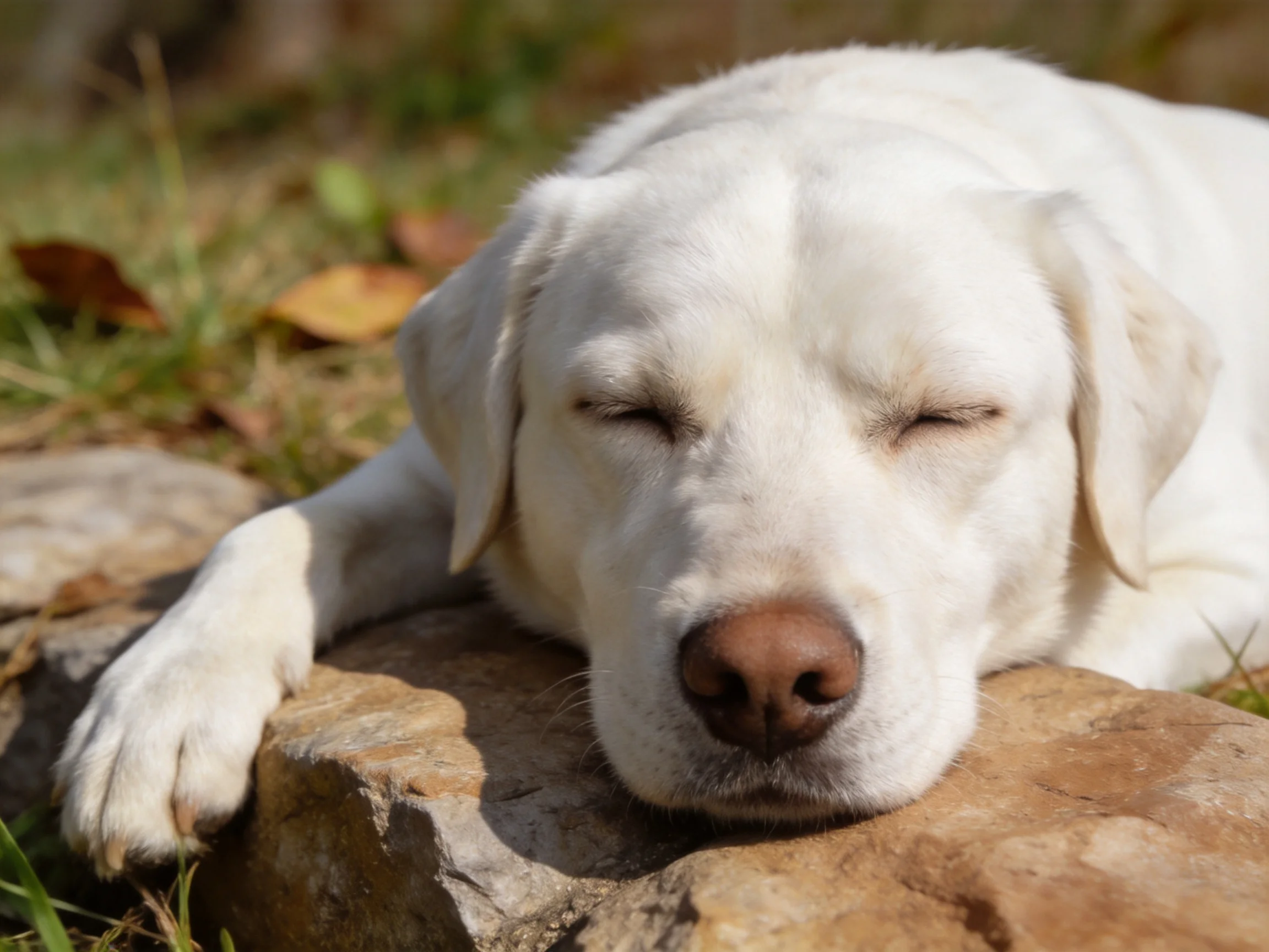 A white Labrador sleeps contentedly on rocks in an outdoor setting.