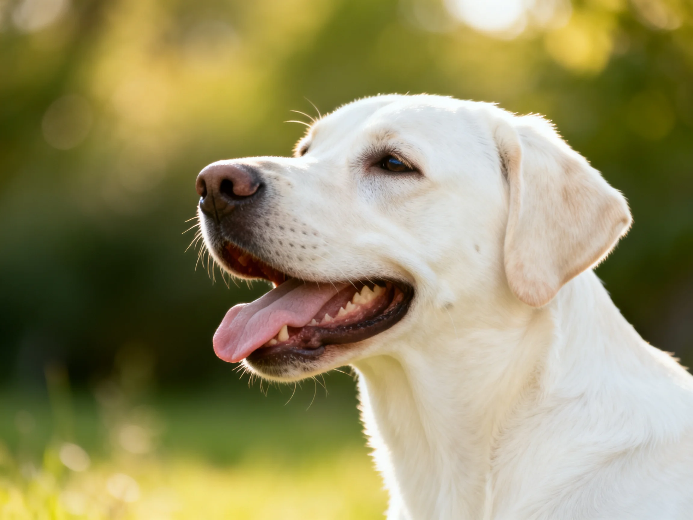 A white Labrador retriever relaxes in a sunlit natural landscape.