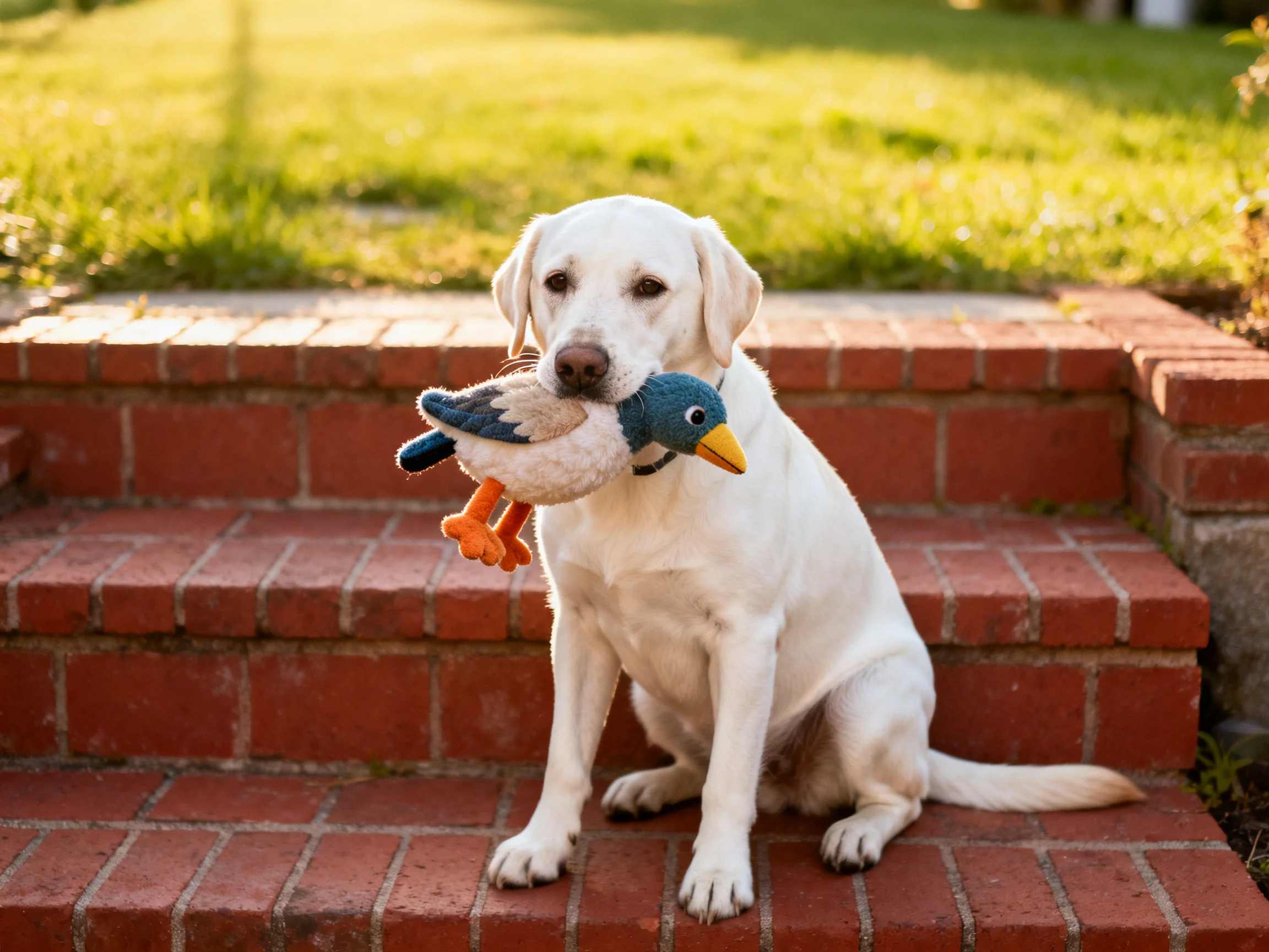 A white Labrador retriever holds a stuffed duck while sitting on brick steps outside.