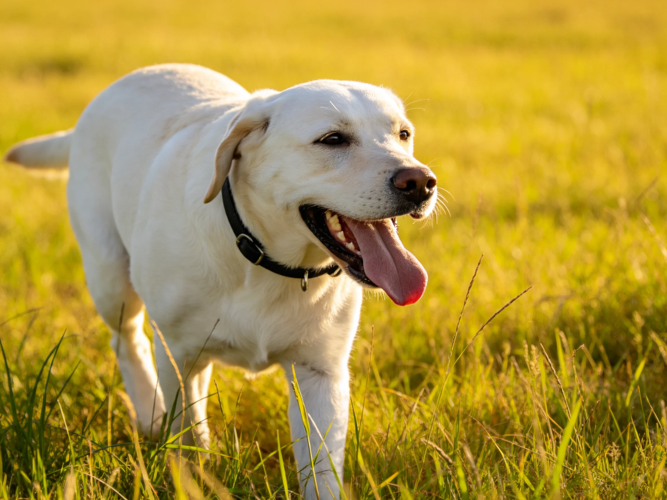 A white Labrador retriever walks joyfully through a sunlit grassy field.