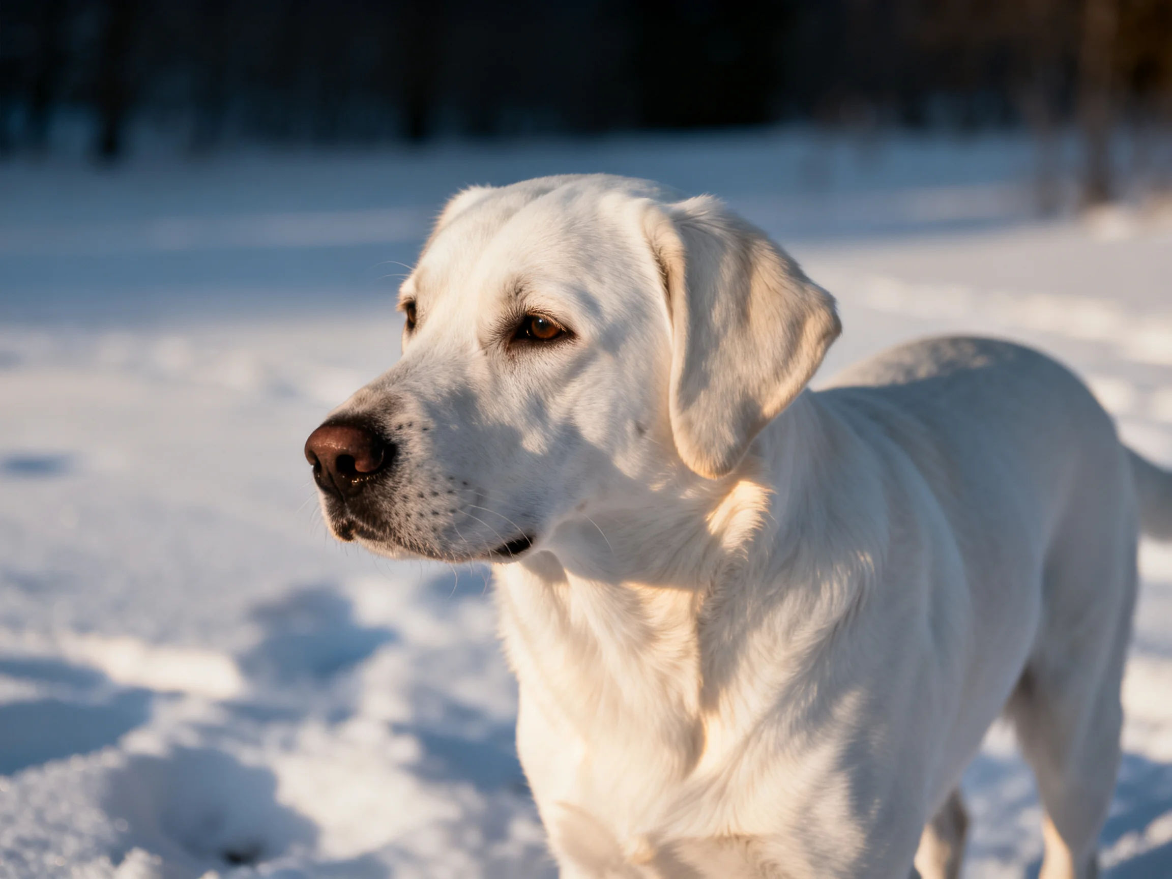A white Labrador stands alert in a sunlit snowy landscape