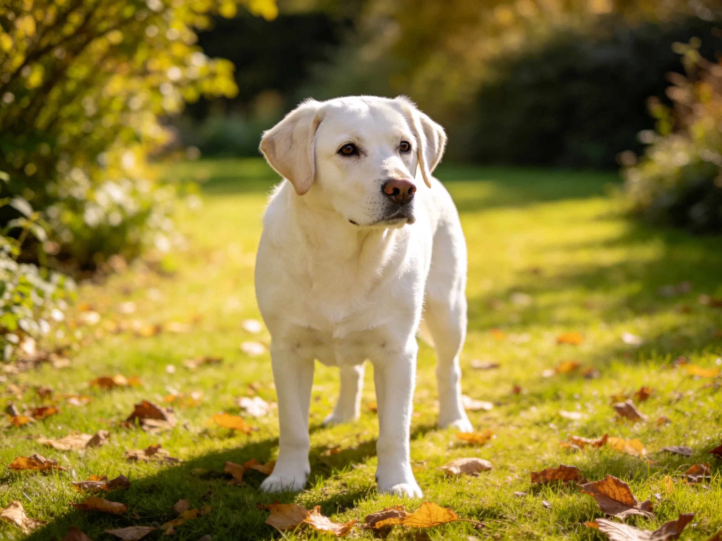 A white Labrador stands on a leaf-strewn grassy path surrounded by greenery