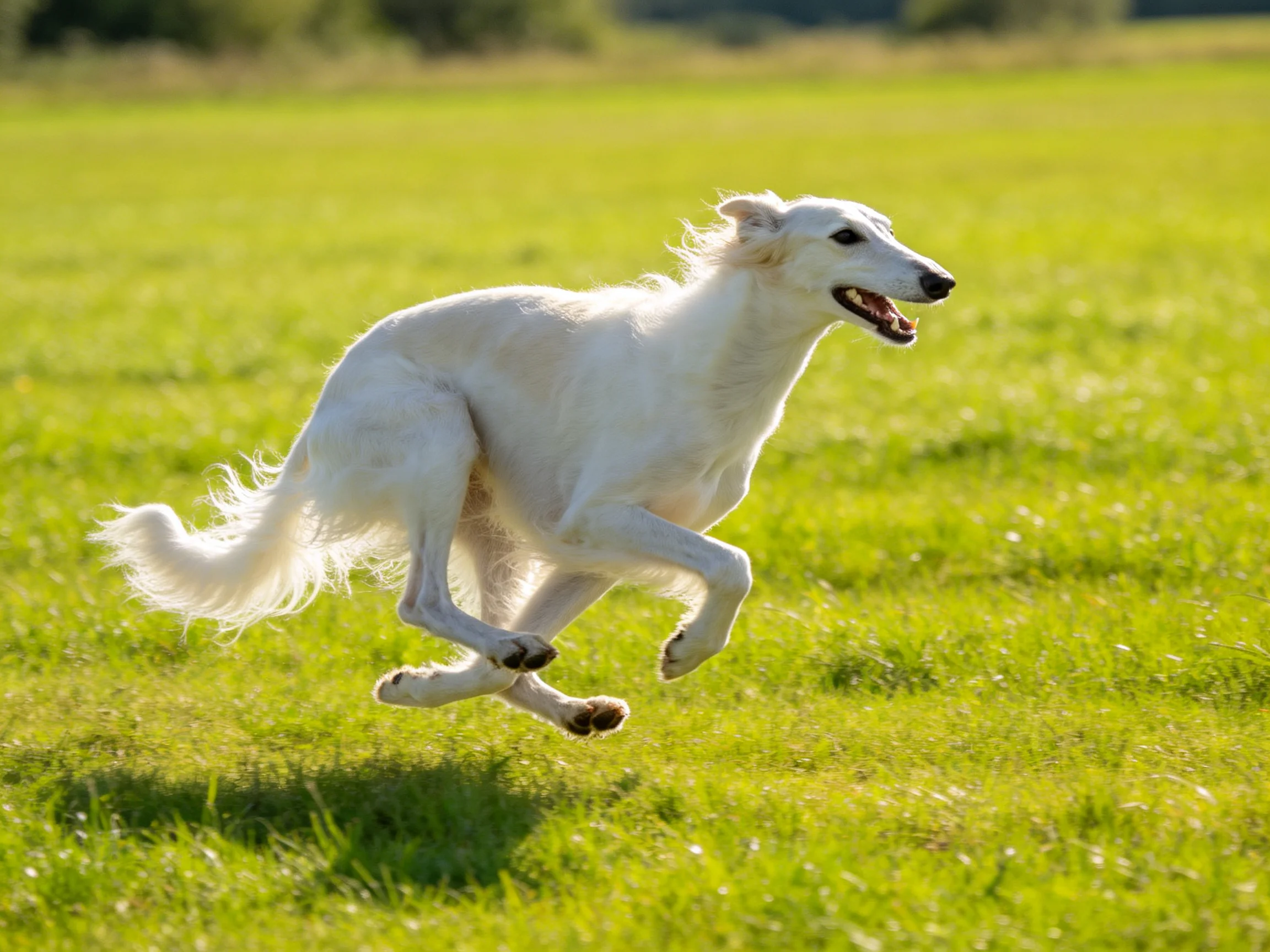 A white Russian wolfhound sprints across a sunlit green meadow