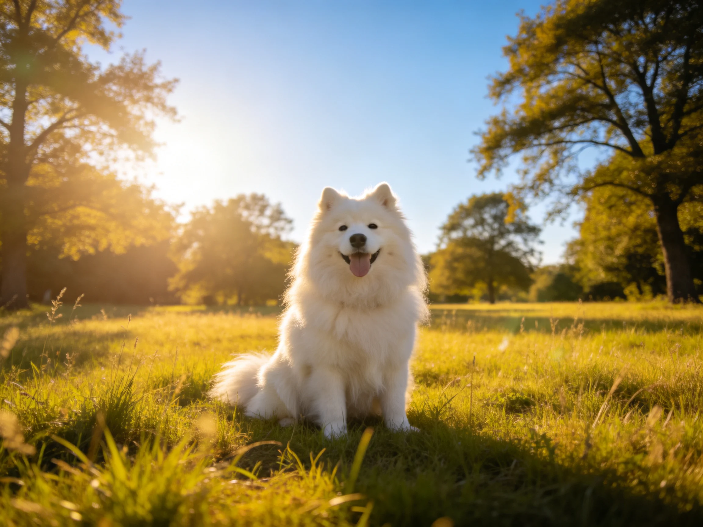 A white Samoyed sits in a sunlit grassy field