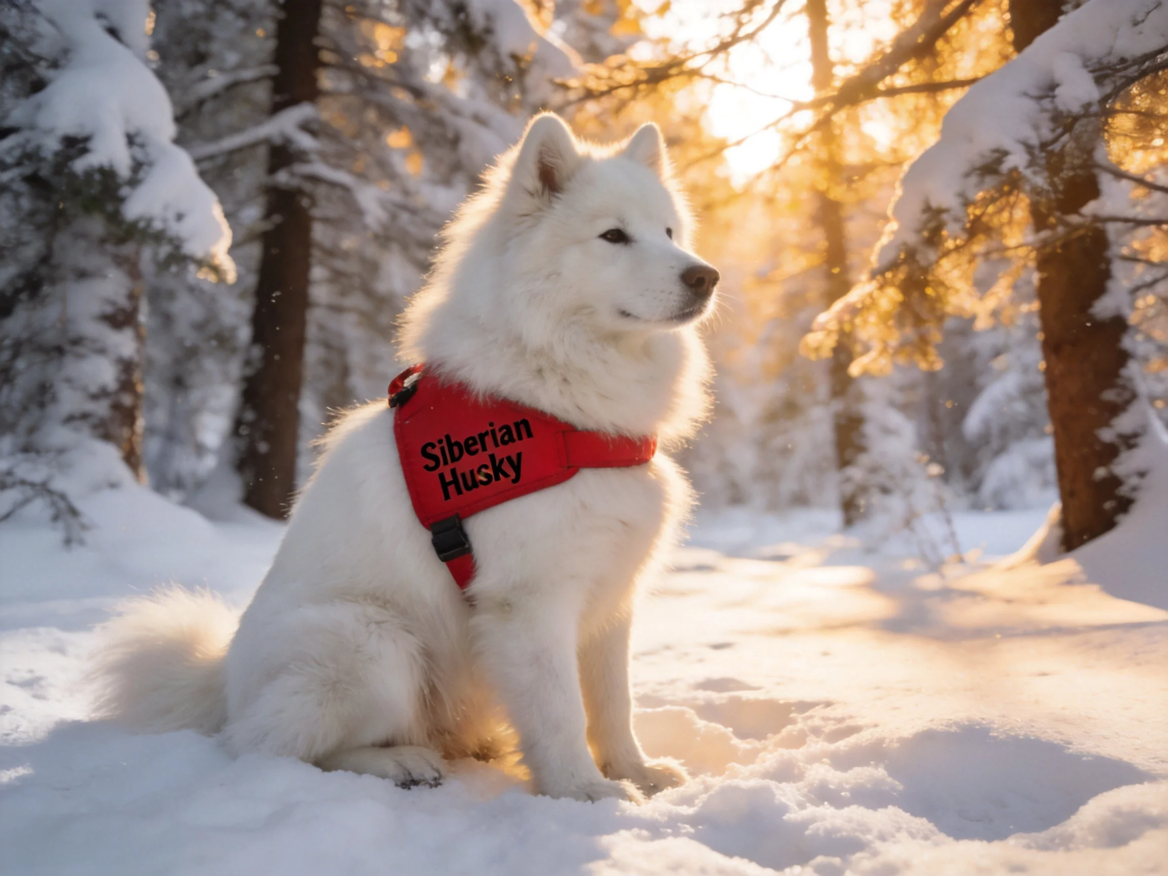 A white Siberian Husky in a red harness sits in a snowy forest