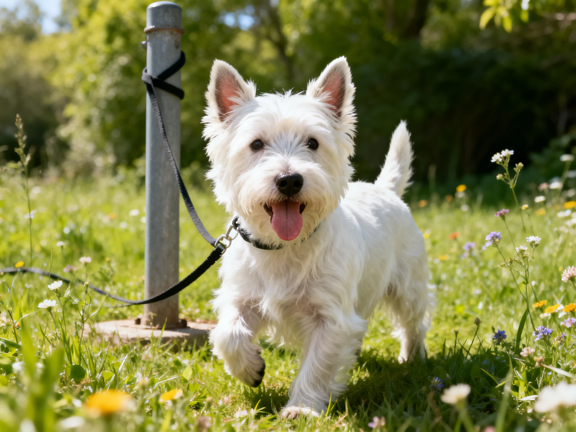 A white West Highland Terrier walks through a flower-filled grassy field with a leash
