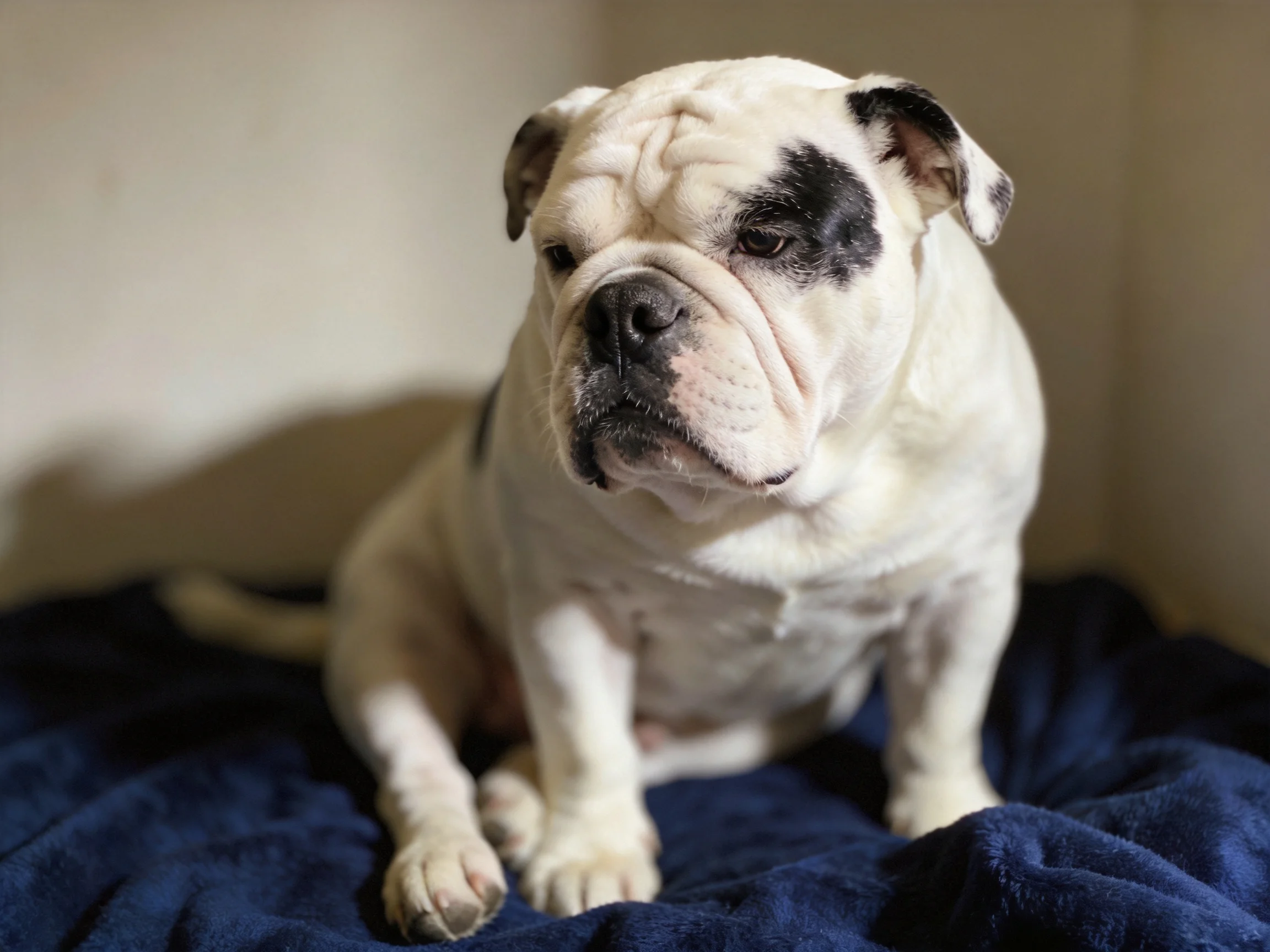 An English Bulldog with black facial patches sits on a dark blue blanket.