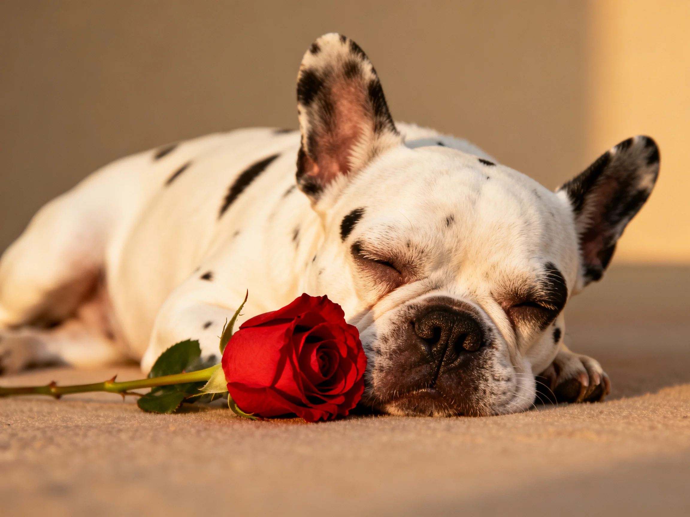 A spotted dog rests peacefully beside a bright red rose.
