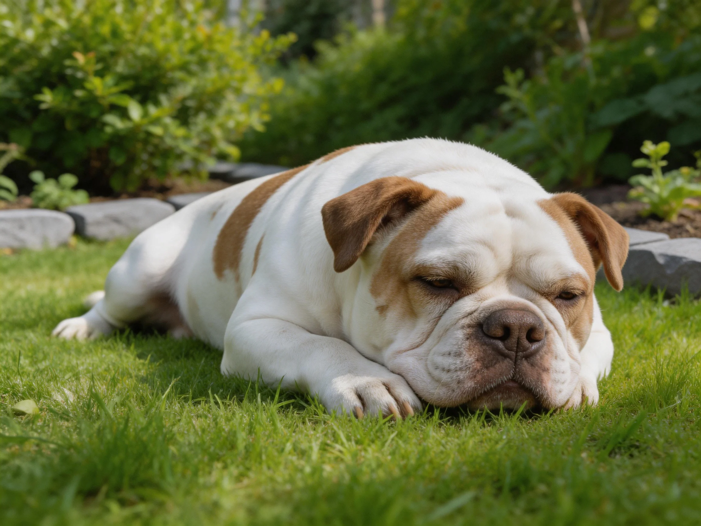 A white and brown bulldog rests on lush green grass in a garden