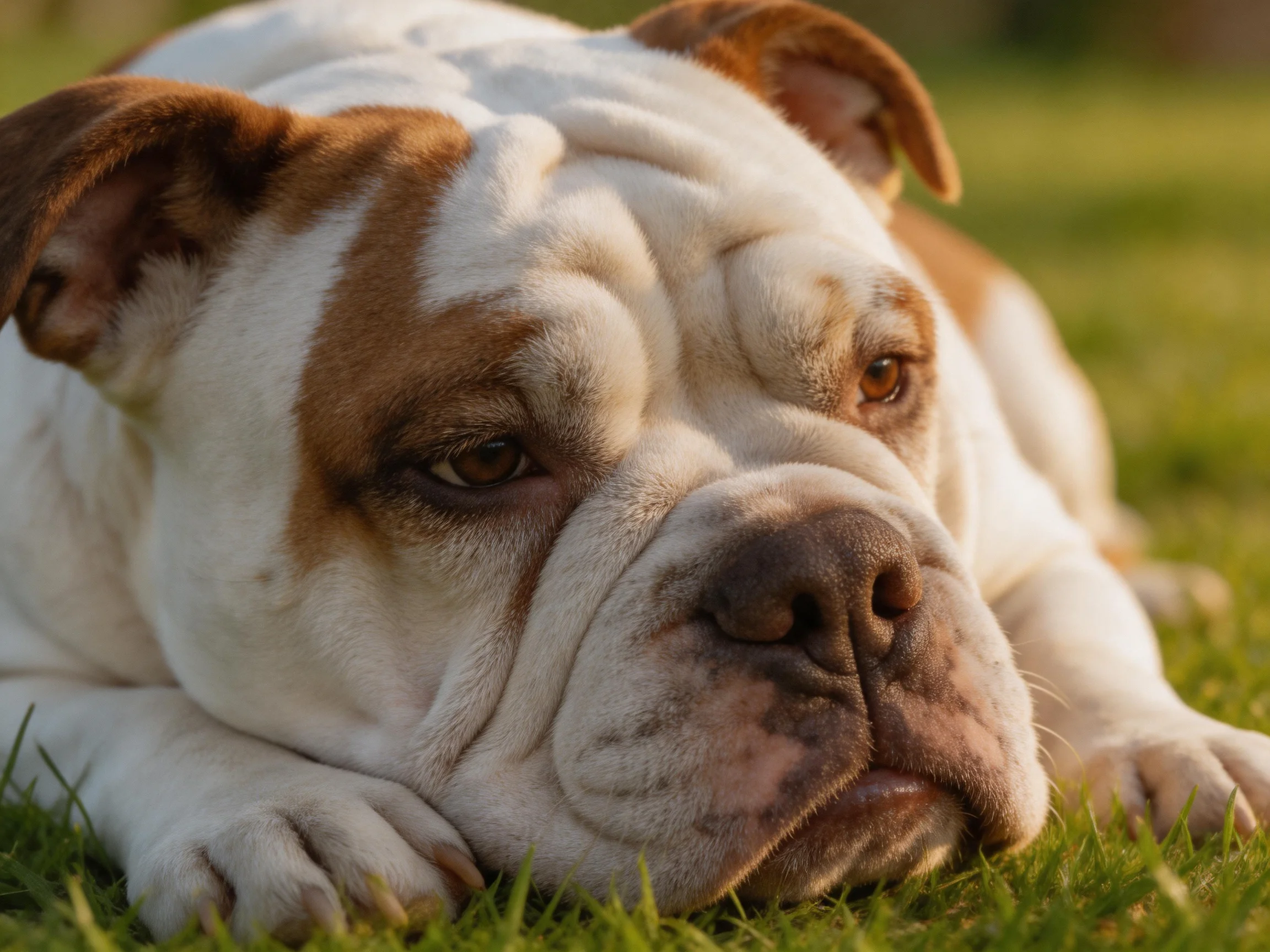 A white and brown bulldog relaxes on grass in a sunlit outdoor setting.
