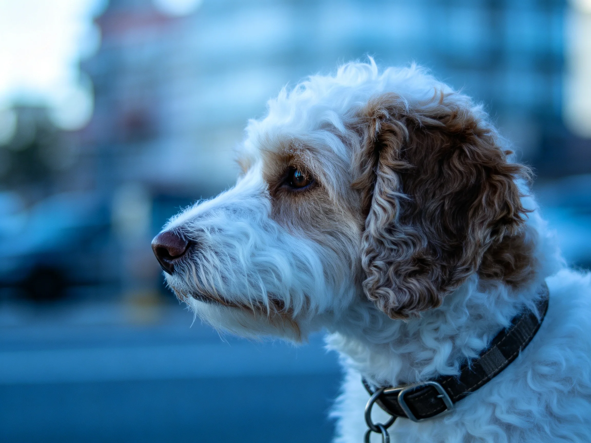 A white and brown curly - coated dog with a black collar