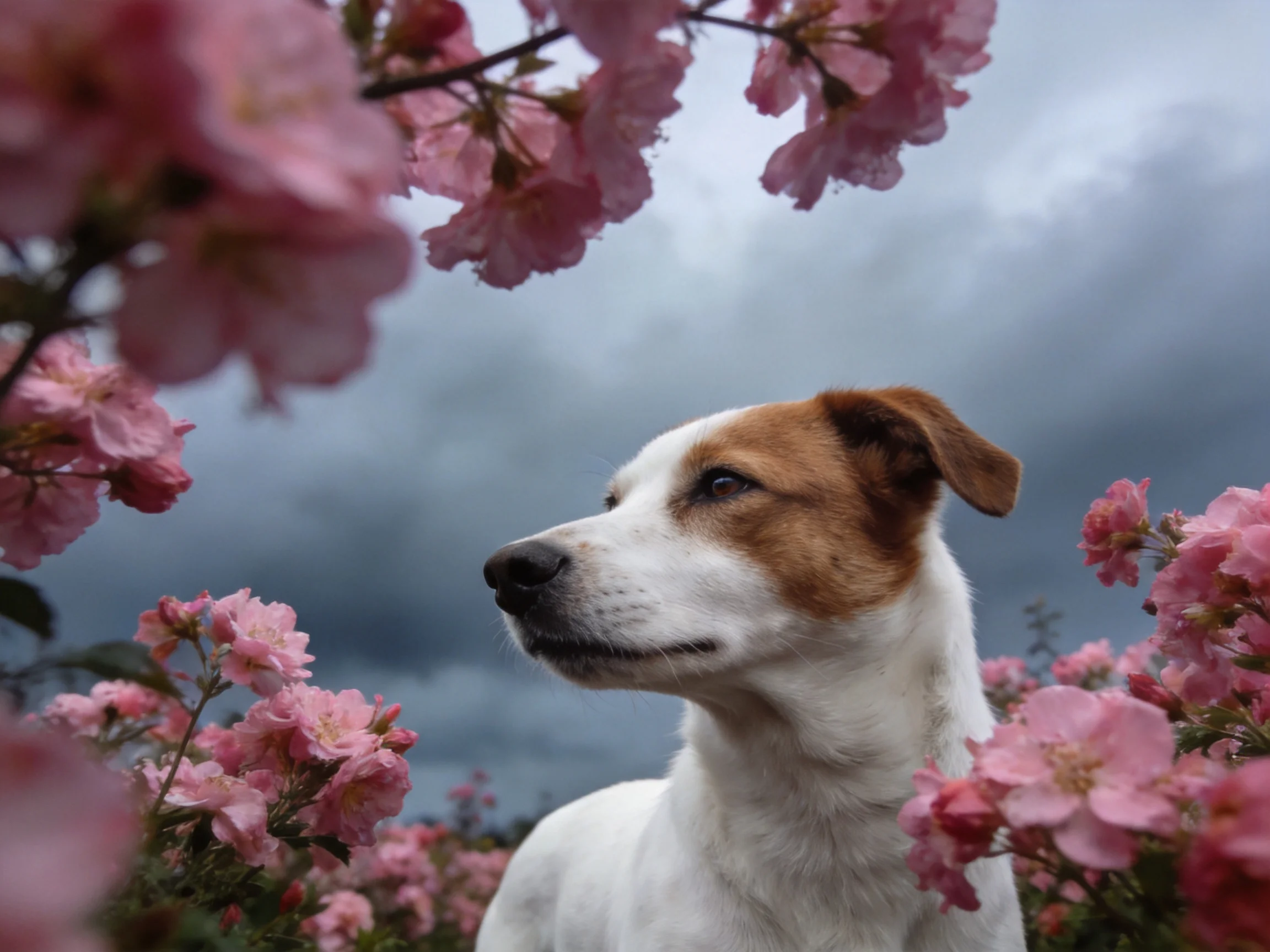 A white and brown dog stands amid pink flowers with a dark, cloudy sky in the background.
