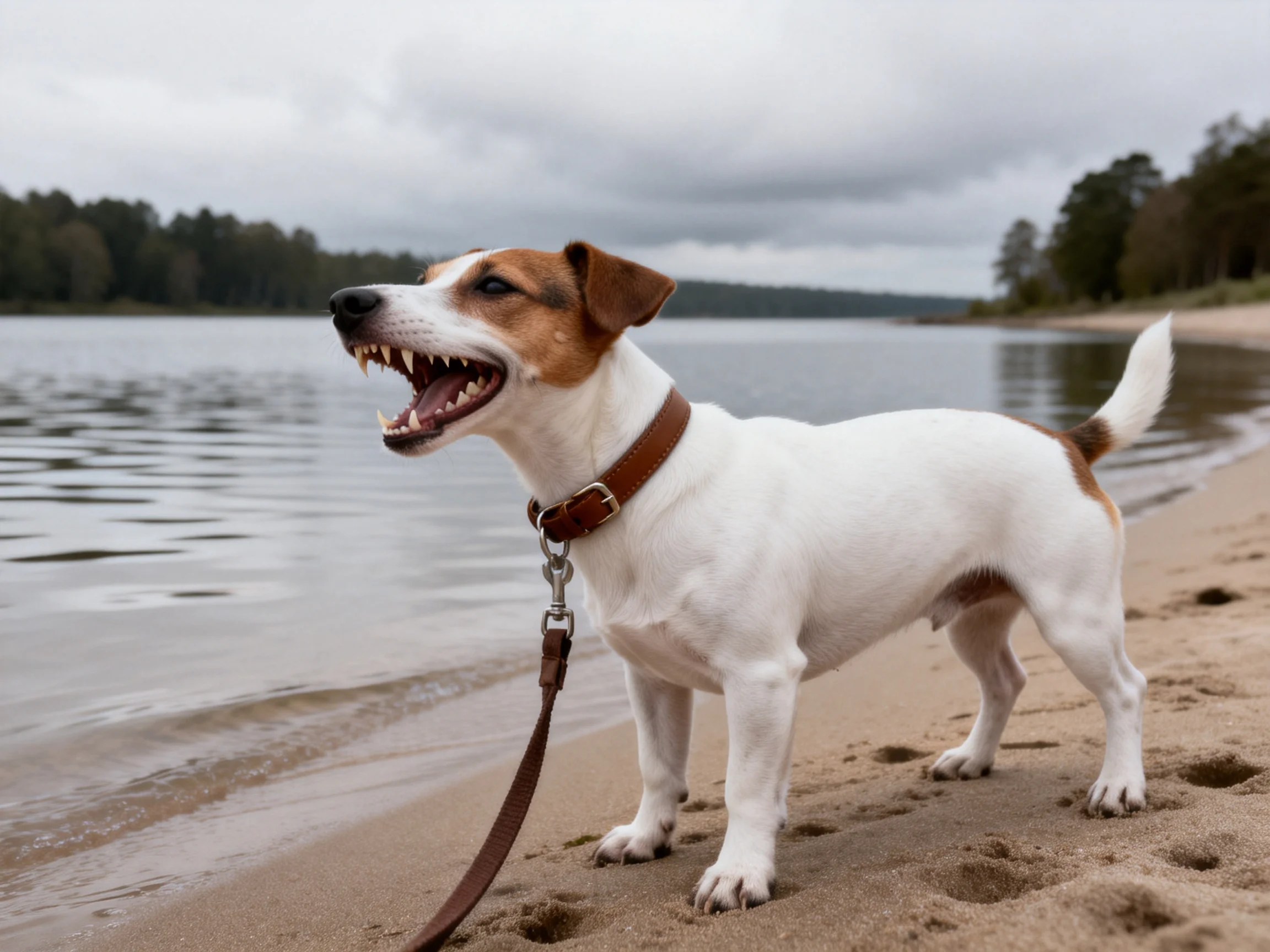 A white and brown dog barks on a sandy lakeshore with a leather leash