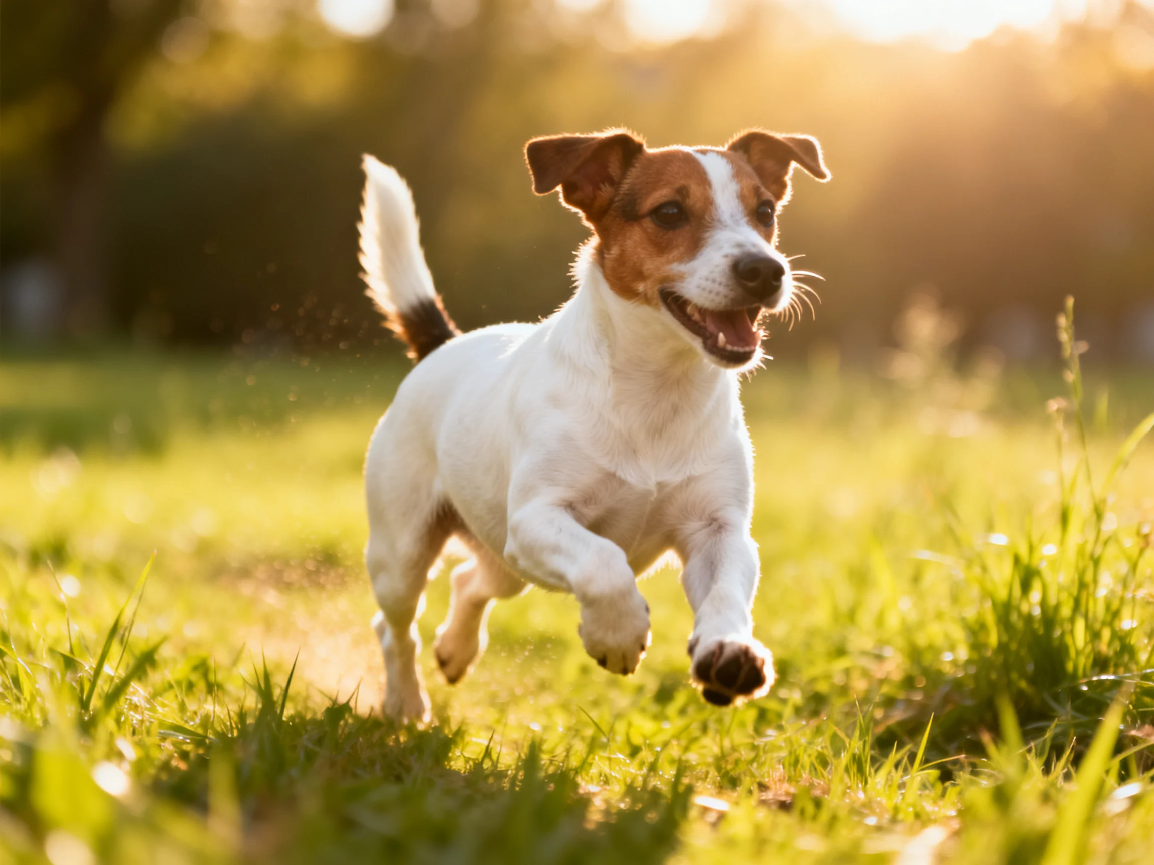 A small white and brown dog runs happily in a sunlit grassy area.