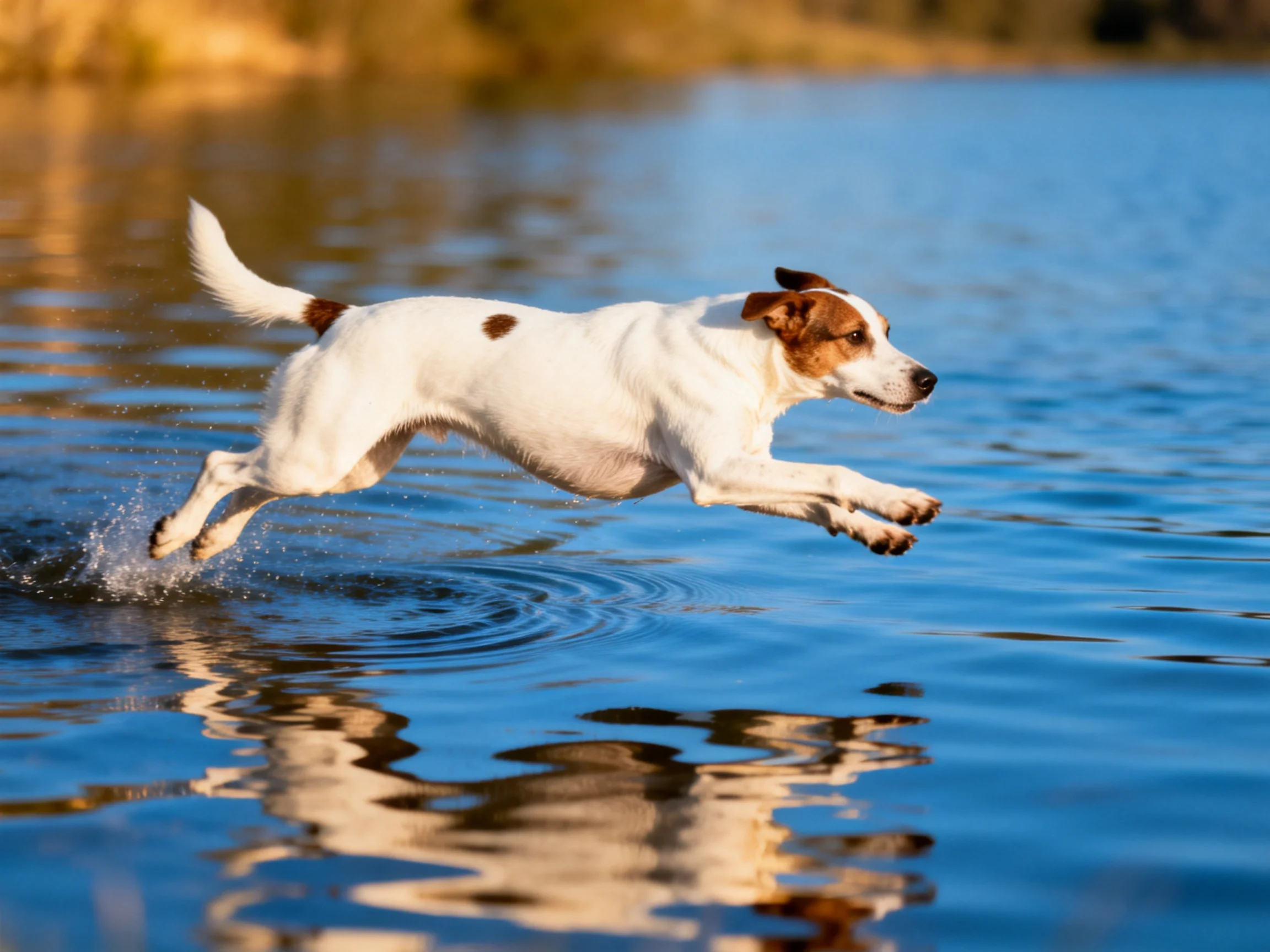 A white and brown dog leaps over calm blue water