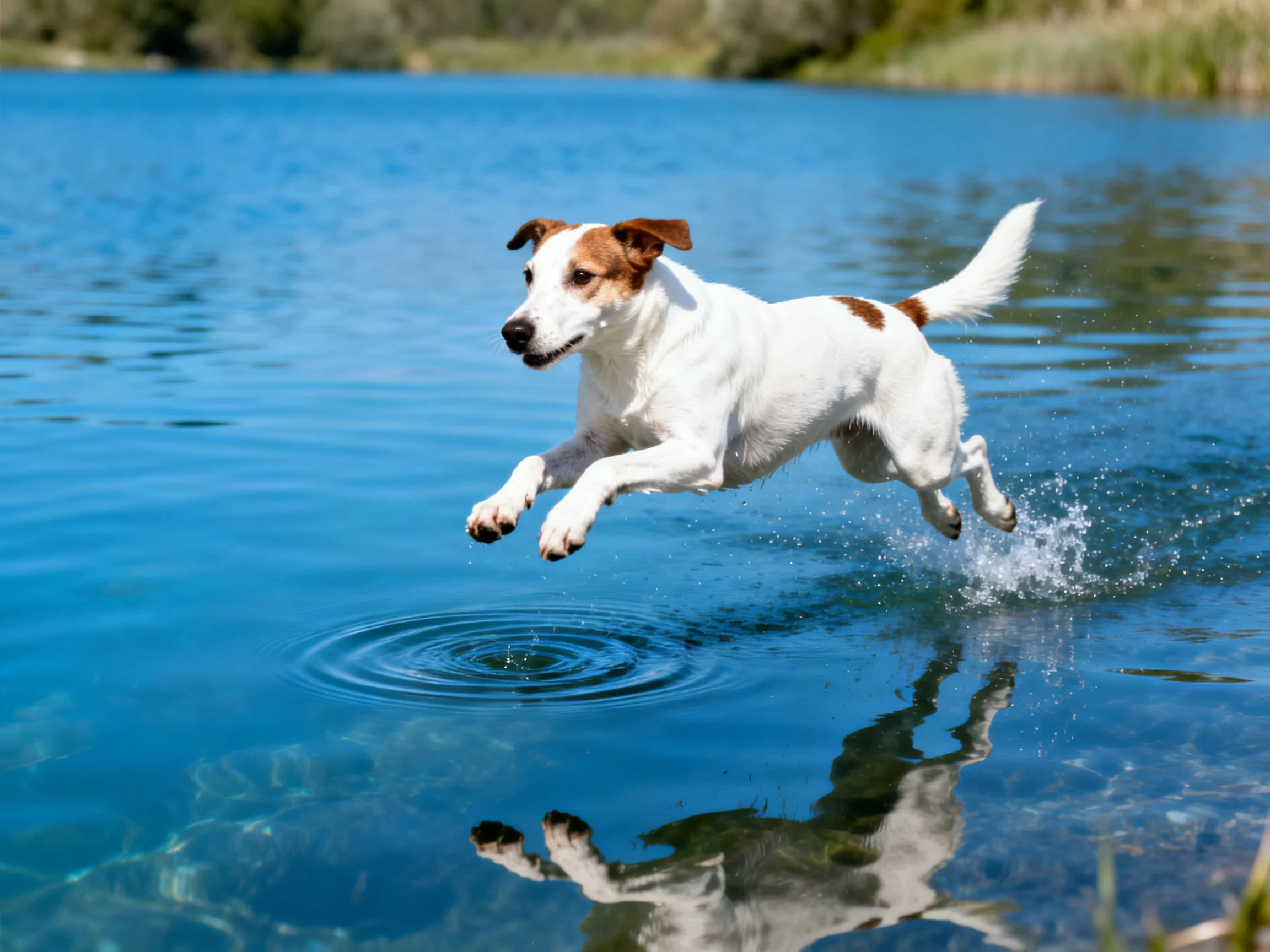 A dog jumps toward a bright blue body of water in a sunny outdoor setting.