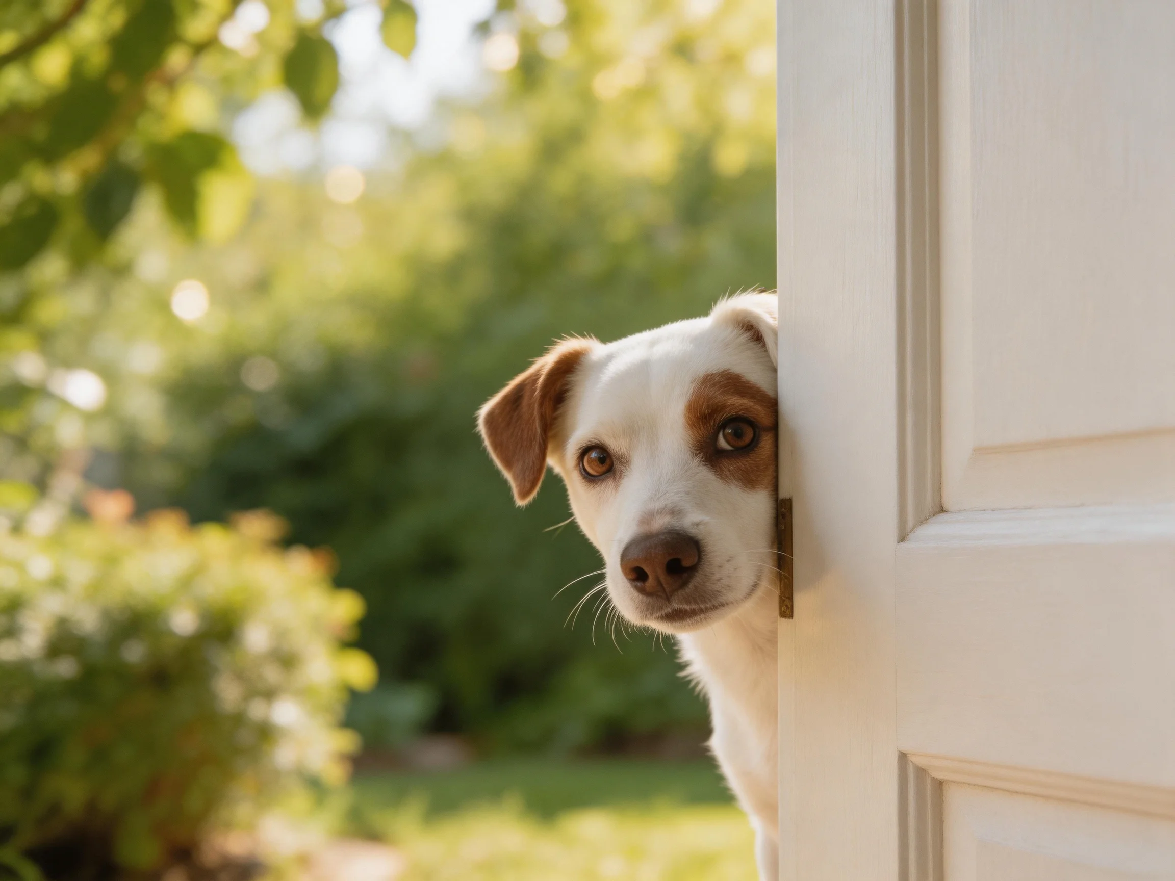 A white and brown dog peeks from behind an open door in a sunlit garden