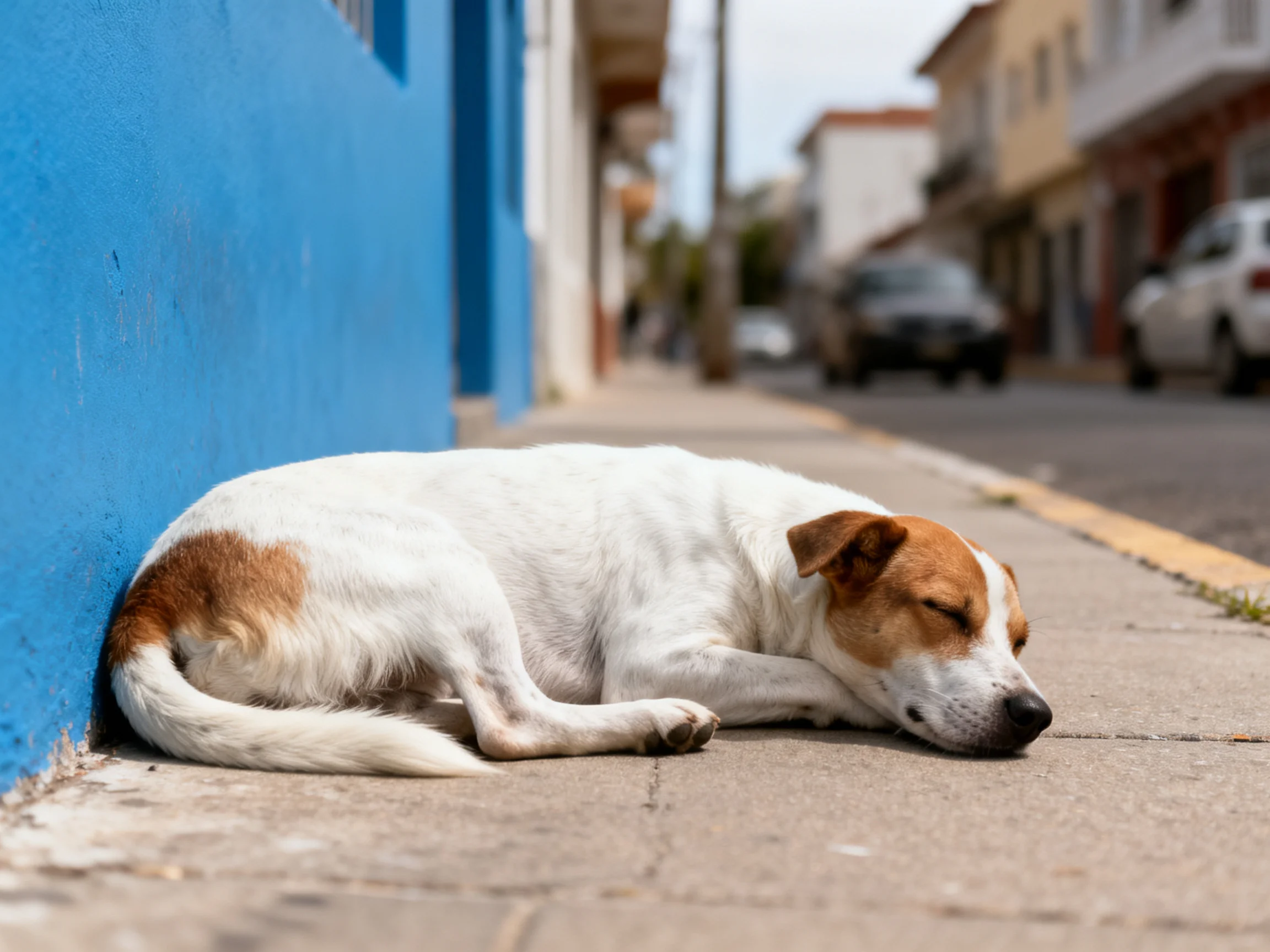 A white and brown dog rests against a bright blue wall on a sidewalk