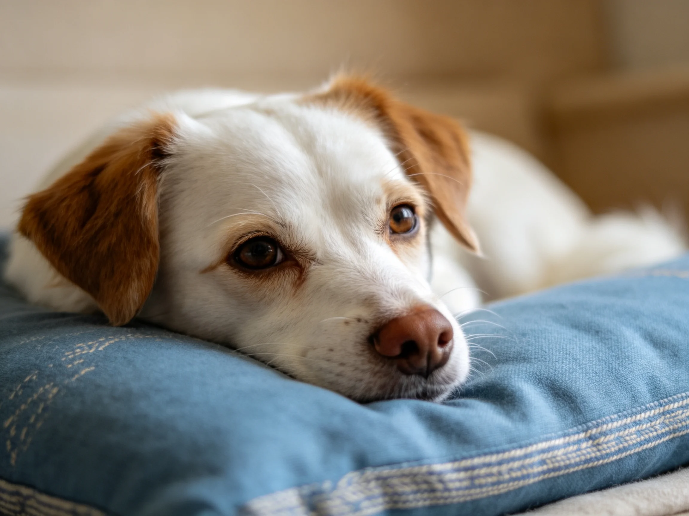 A white and brown dog rests on a blue cushion indoors.